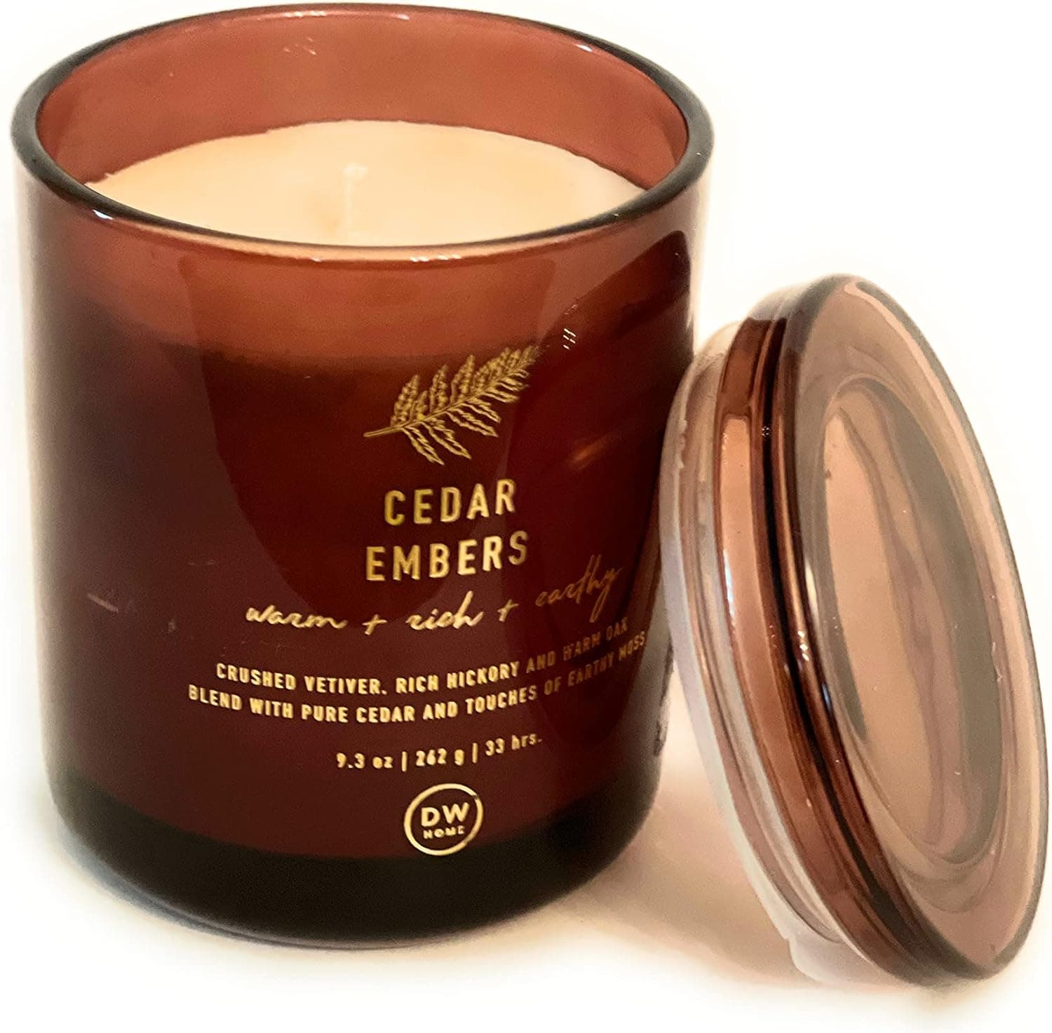 DW Home Cedar Embers Vetiver Hickory Oak Single Wick Candle with Glass Top 9.3 Oz