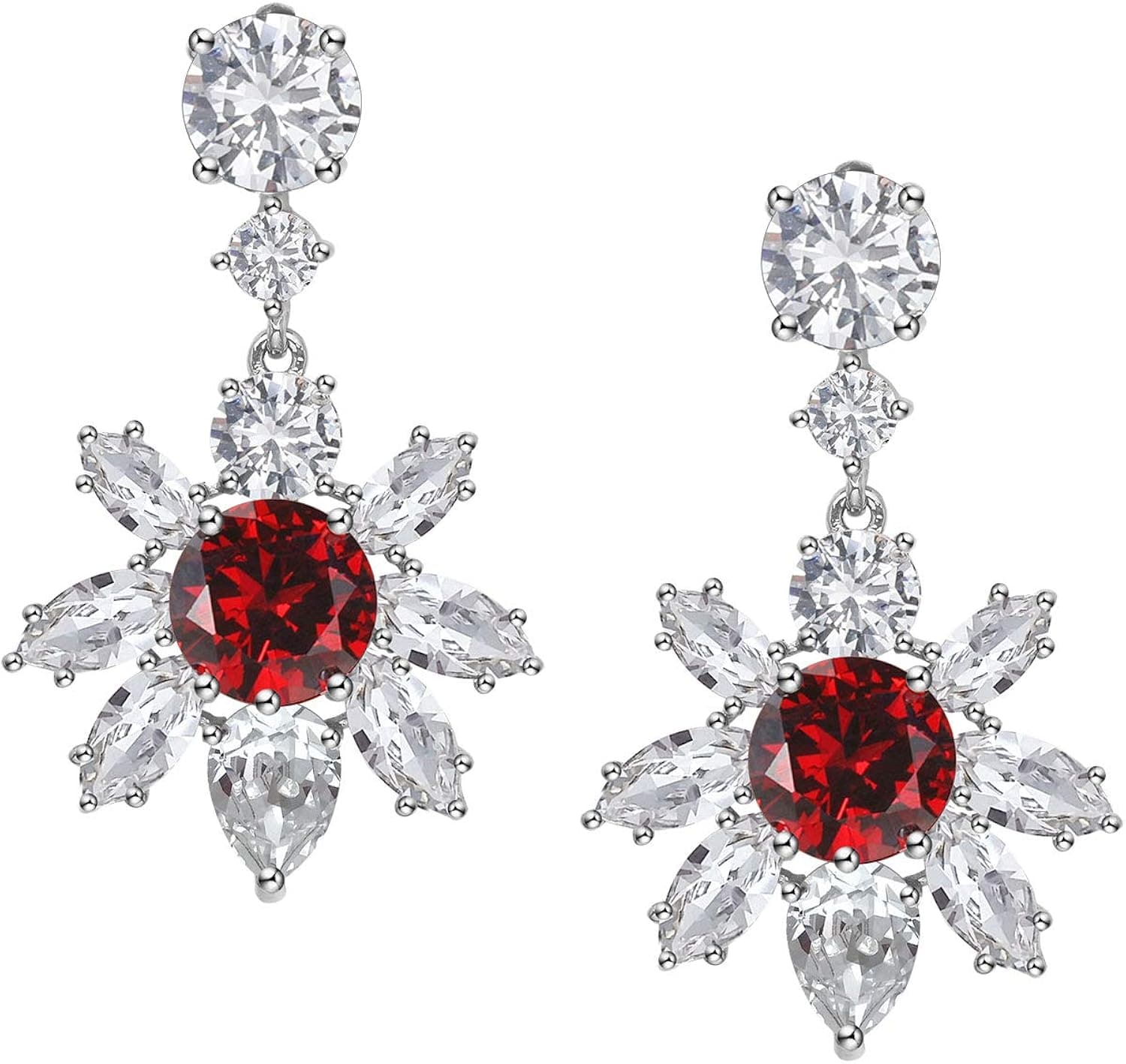 SWEETV Sparkling Cubic Zirconia Dangle Earrings for Wedding,Prom,Brides,Bridesmaids - Sun Flower Crystal Drop Earrings for Women and girls-Ruby