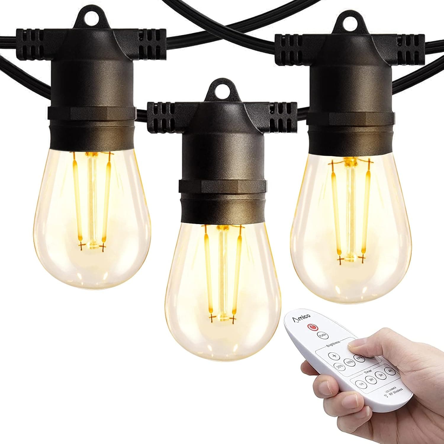 Amico 48FT LED Outdoor String Lights with Remote Dimming, LED Edison Vintage Plastic Bulbs and Weatherproof Strand - Decorative Cafe Patio Lights, Bistro Lights