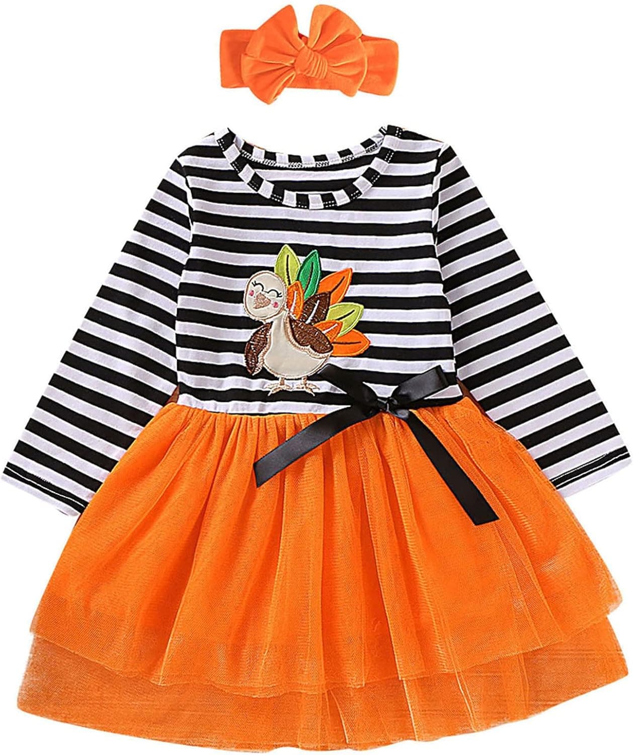 GRNSHTS Kids Baby Girl Thanksgiving Christmas Clothes Turkey Santa Striped Long Sleeve Tutu Dress with Headband 2Pcs Outfits