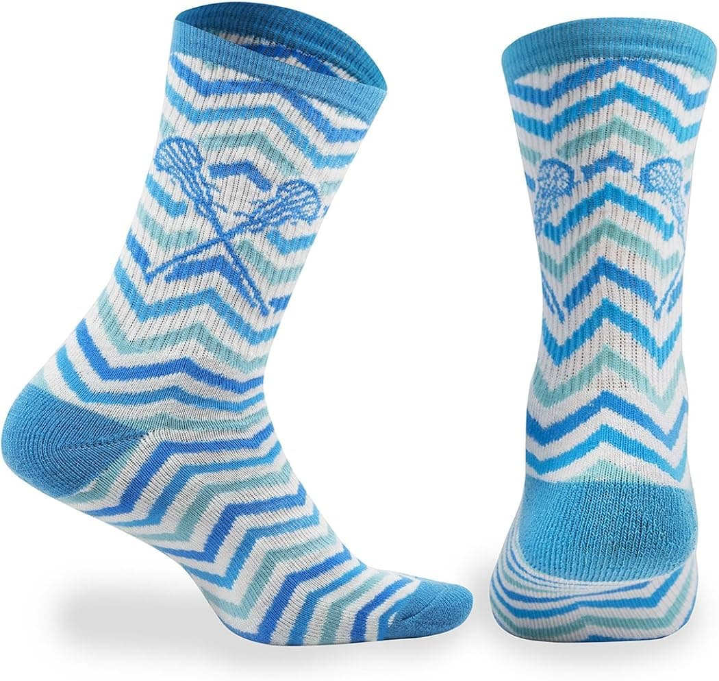 ChalkTalkSPORTS Athletic Half Cushioned Lacrosse Crew Socks | Mid Calf | Woven Chevron | White, Blue and Teal
