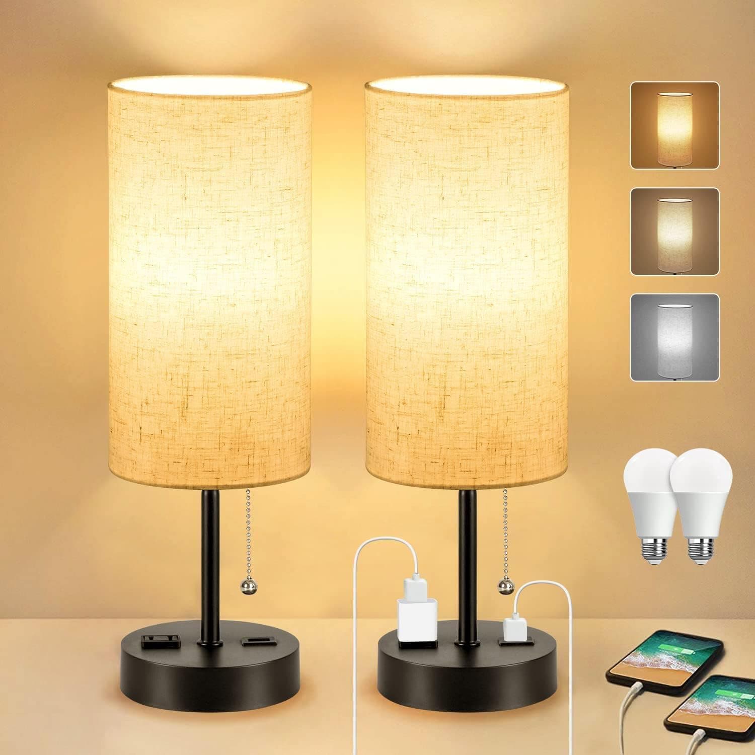 KBest Bedside Table Lamps Set of 2 for Bedroom Living Room, Small Table Lamp with USB Charging Port & AC Outlet, 2700K 4000K 5000K Pull Chain Nightstand Lamp 2PK Black(2 Blubs Included).