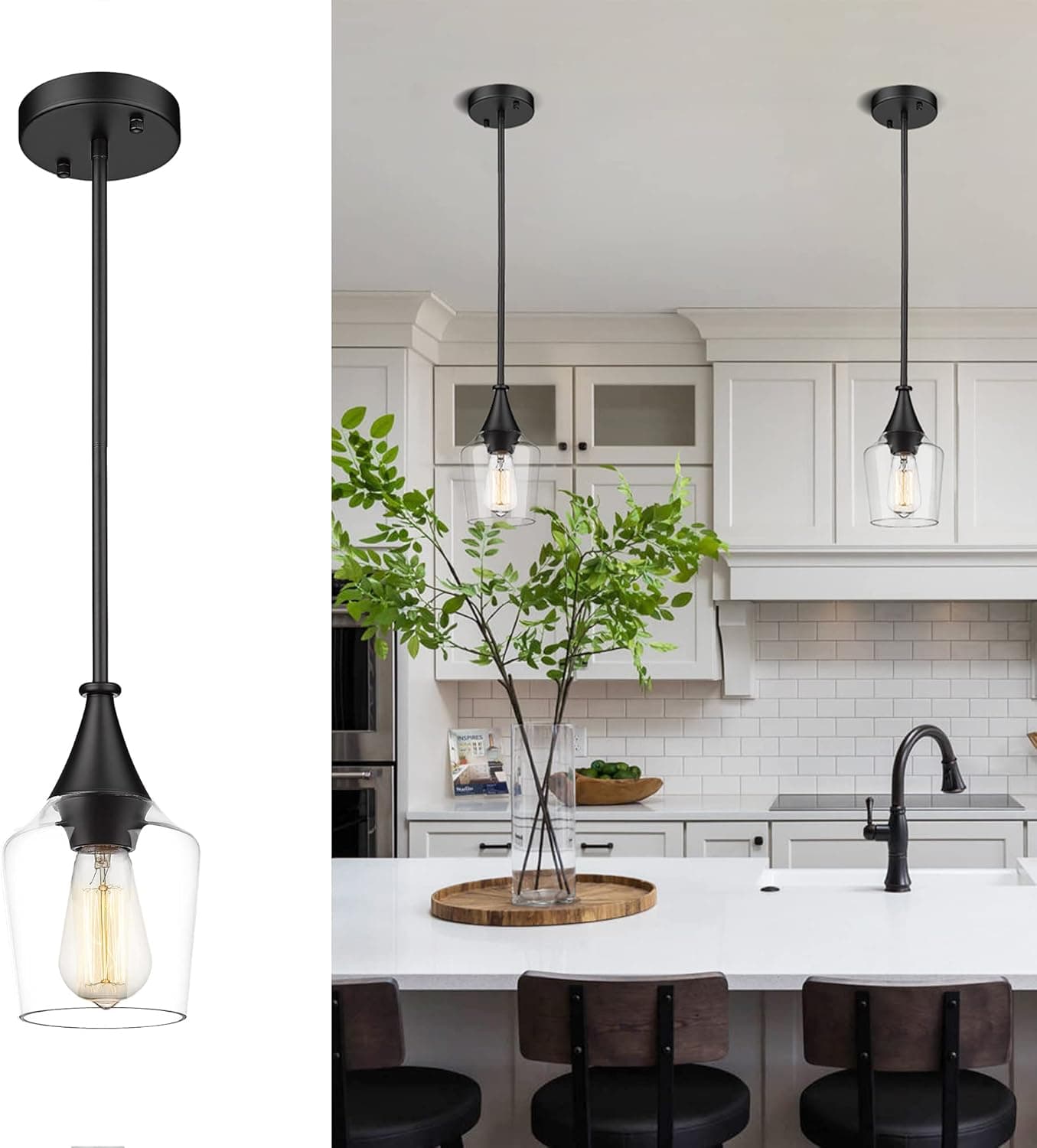 VICNIE Modern Pendant Light, 1-Light Black Hanging Light Fixtures with Wine Glass Shade, Adjustable Height, Pendant Lighting for Kitchen Island Dining Room, TXC-B01-Black