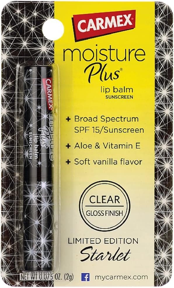 Carmex Moisture Plus Lip Balm SPF 15 Clear, Gloss Finish, Soft Vanilla Flavor, Assorted Colors 0.08 oz