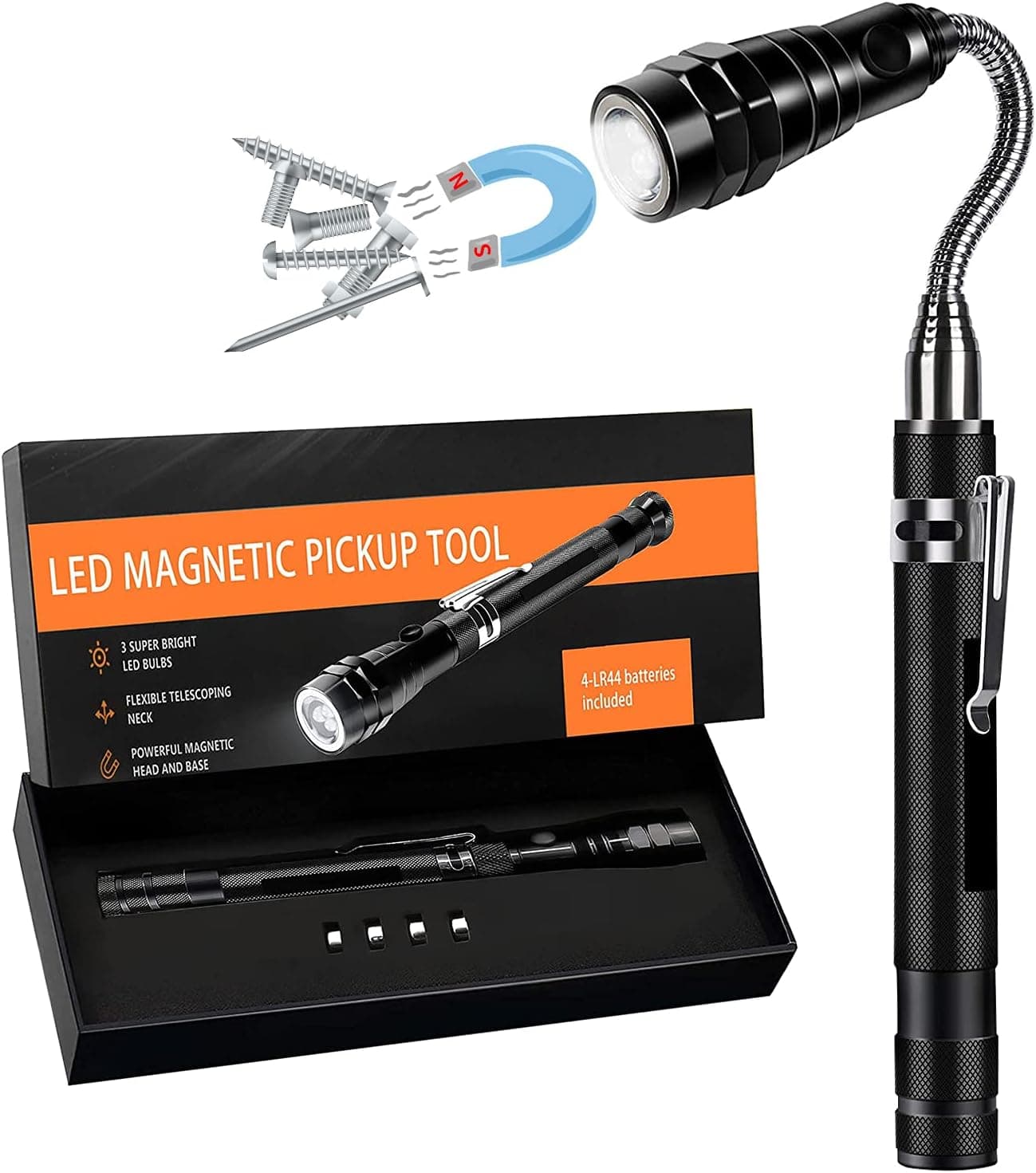 Magnet 3 LED magnetic pick-up tool, flexible and expandable LED flashlight, perfect gift for mechanic pick-up tool, cool gift for father and boyfriend, 4 LR 44 batteries (included) 1 pack