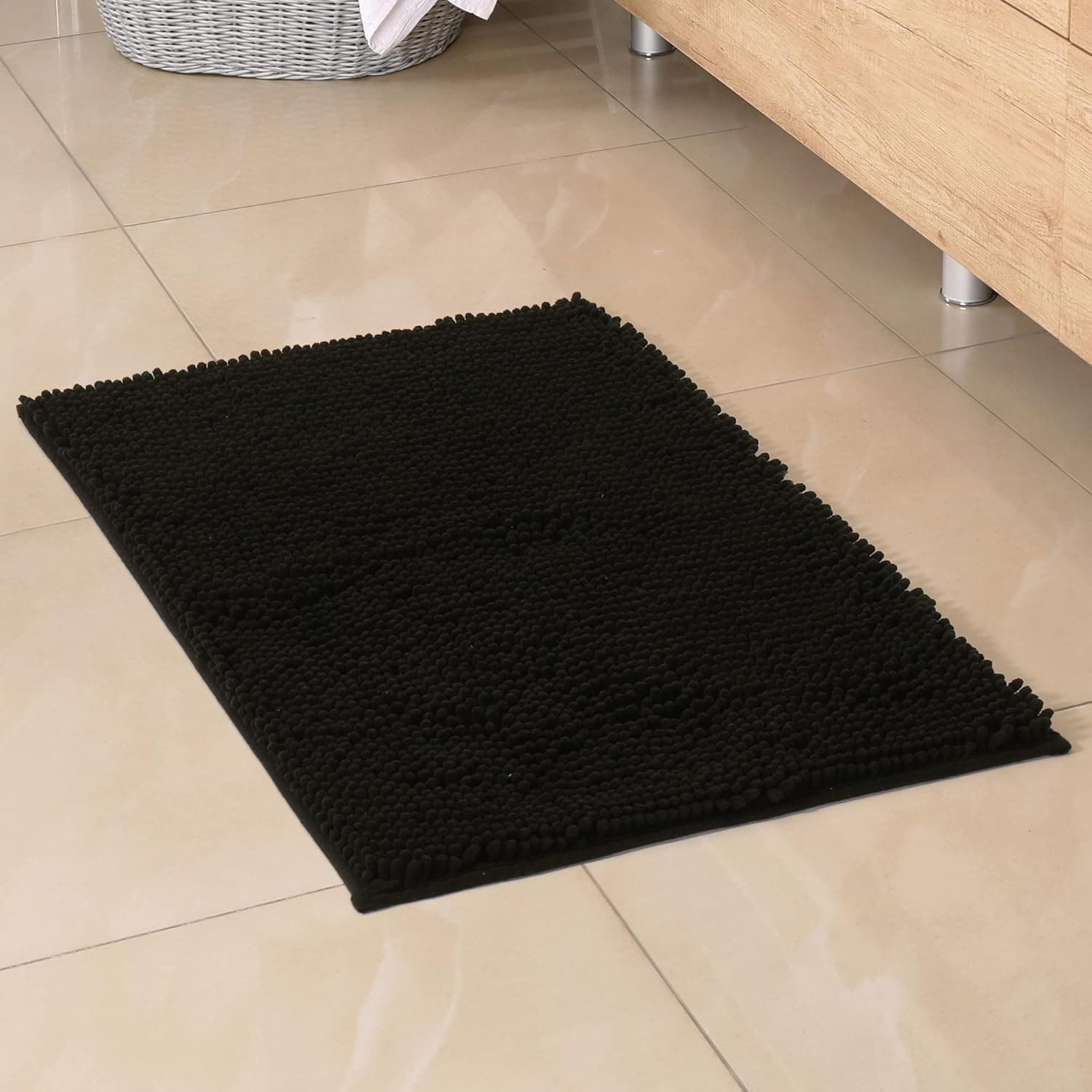 ORANIFUL Black Bathroom Rug 17x24 Inches Non Slip Shaggy Chenille Bath Mats Plush Toilet Floor Carpet Rubber Backing Super Water Absorbent Quick Dry Machine Washable Extra Soft