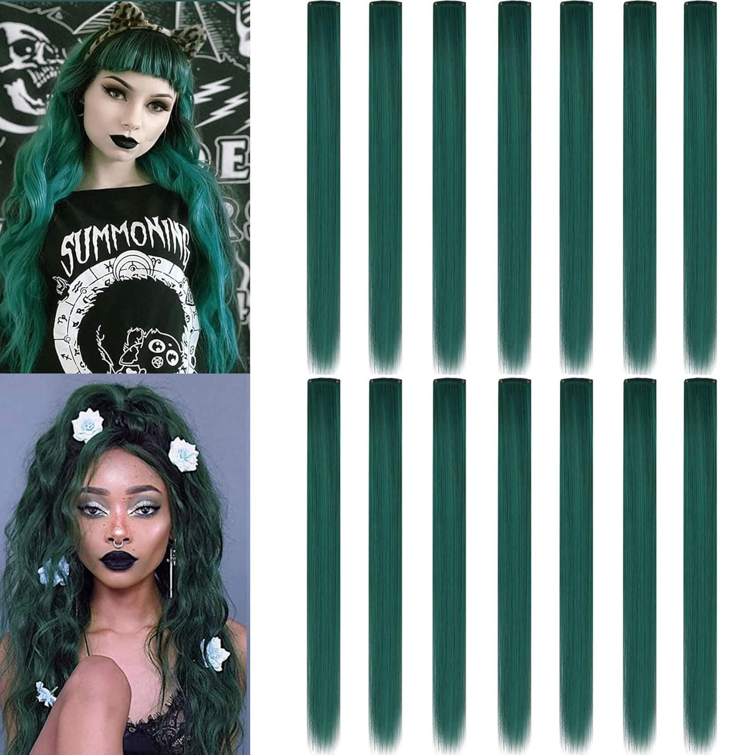 FYHTSD 16PCS 21''Dark Green Princess Hair Accessories Wig Pieces Clip in Colored Hair Extensions for Girls Halloween Chritmas Party Highlight Multiple Colors Hairpieces for Teens Adult Women