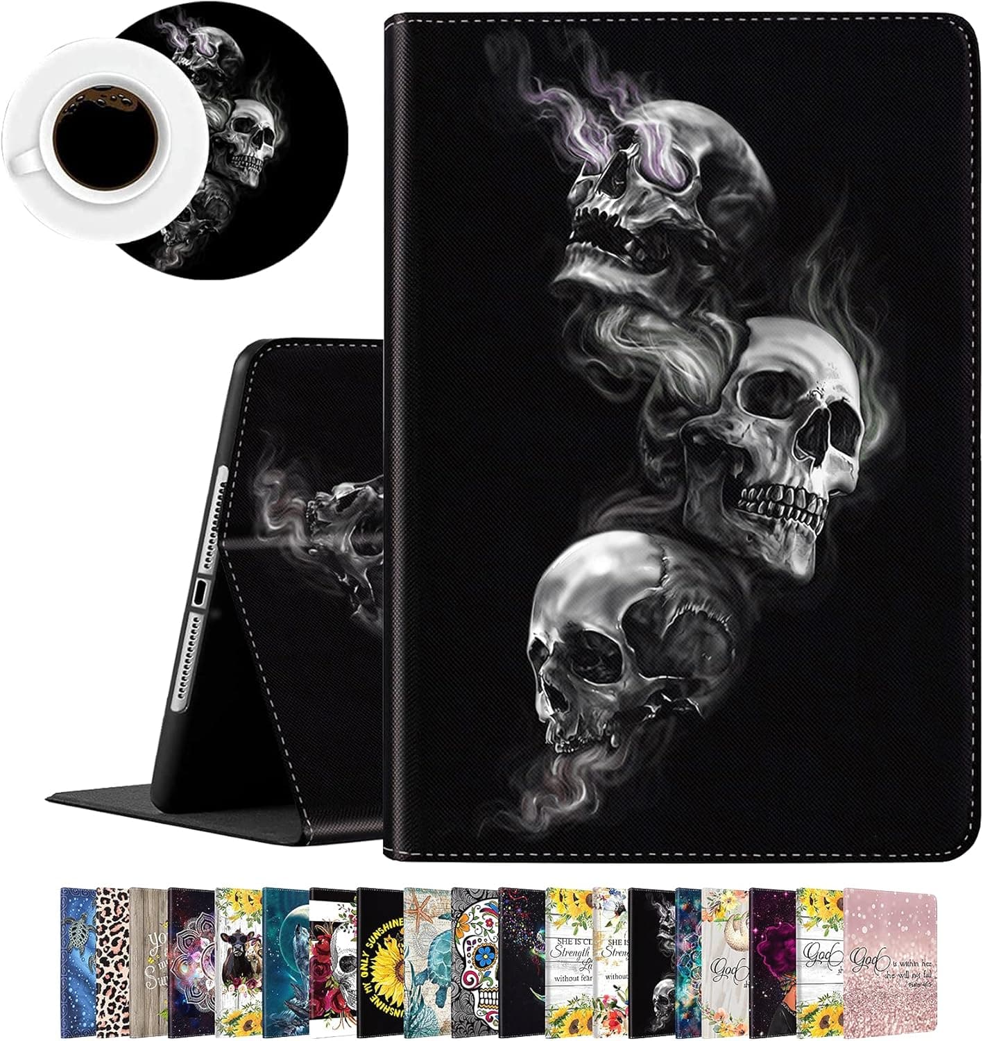 iPad 9.7 Case 2018 iPad 6th Generation / 2017 iPad 5th Generation Case, Pro 9.7 Case,iPad Air 2 Case, iPad Air Case - Stand Folio Cover Case for Apple iPad 9.7 inch and Coasters Set, Smoking Skull