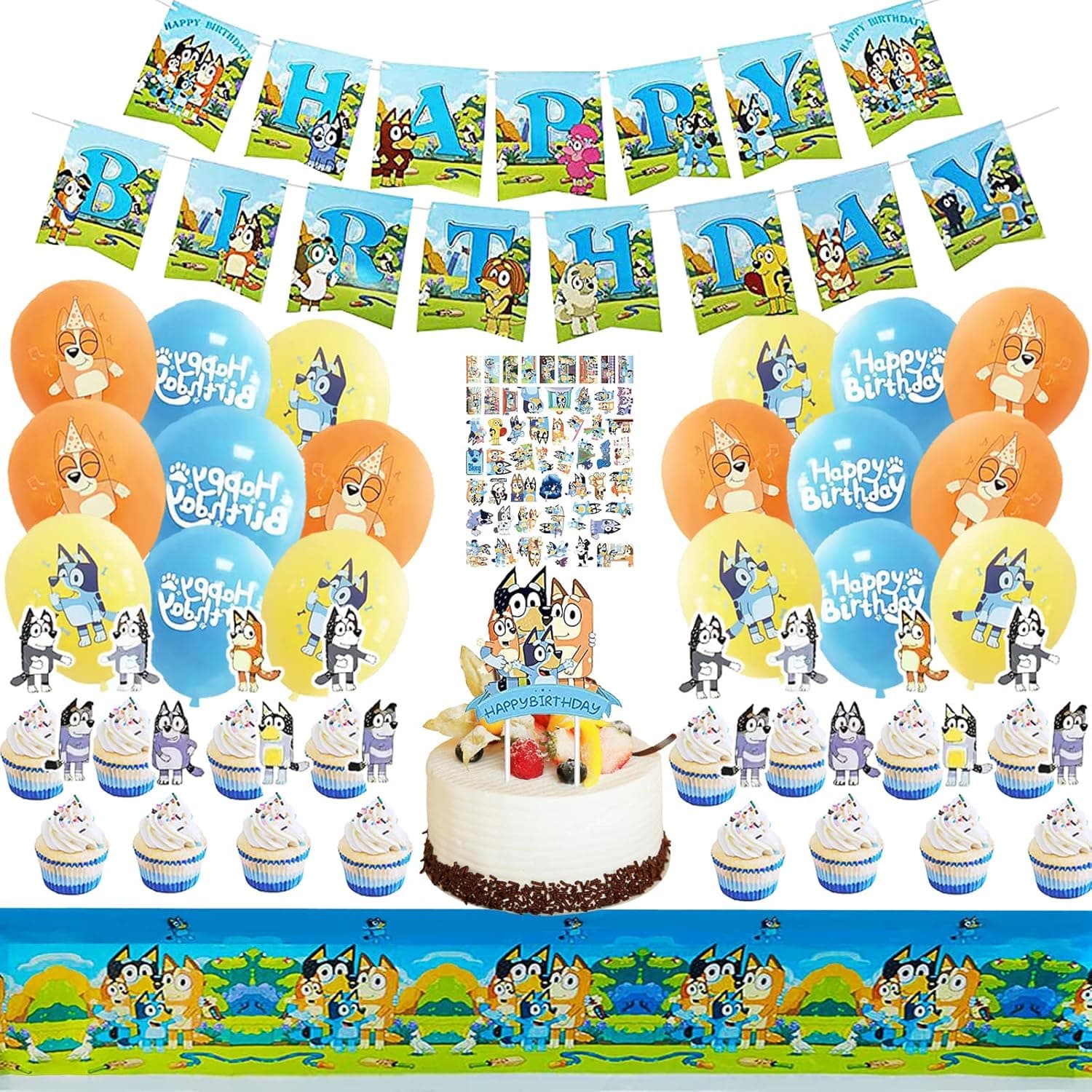 95 Pcs Blue Dog Birthday Party Supplies Decorations, Blue Party Favors Includes Blue Stickers, Banner, Cake Topper, Cupcake Topper, Latex Balloons, Tablecloth