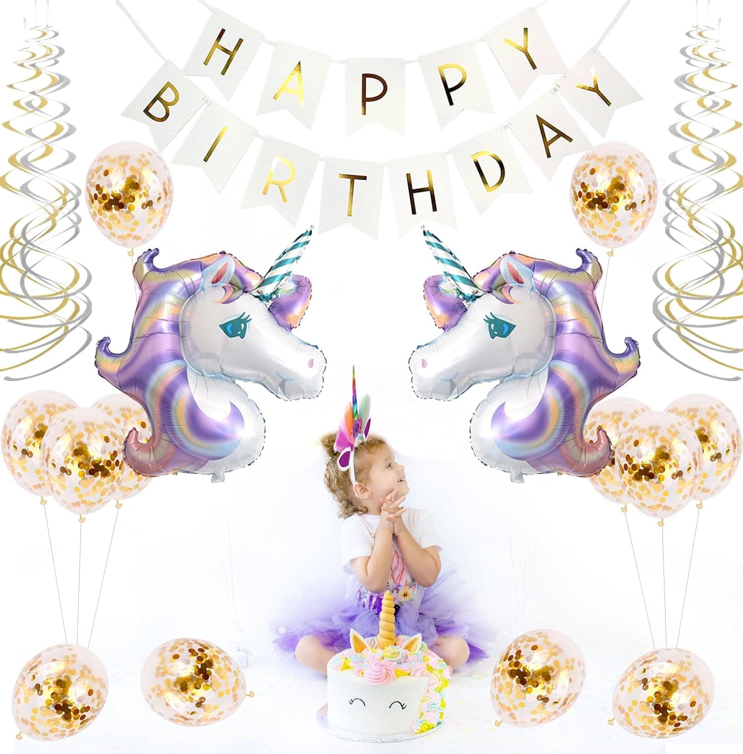 Happy Birthday Decorations, Gold Birthday Party Supplies with Happy Birthday Banner, Unicorn Party Decorations with Unicorn Balloons & Unicorn Headband for Birthday Kids or Baby Shower ( 40pcs ) TD018