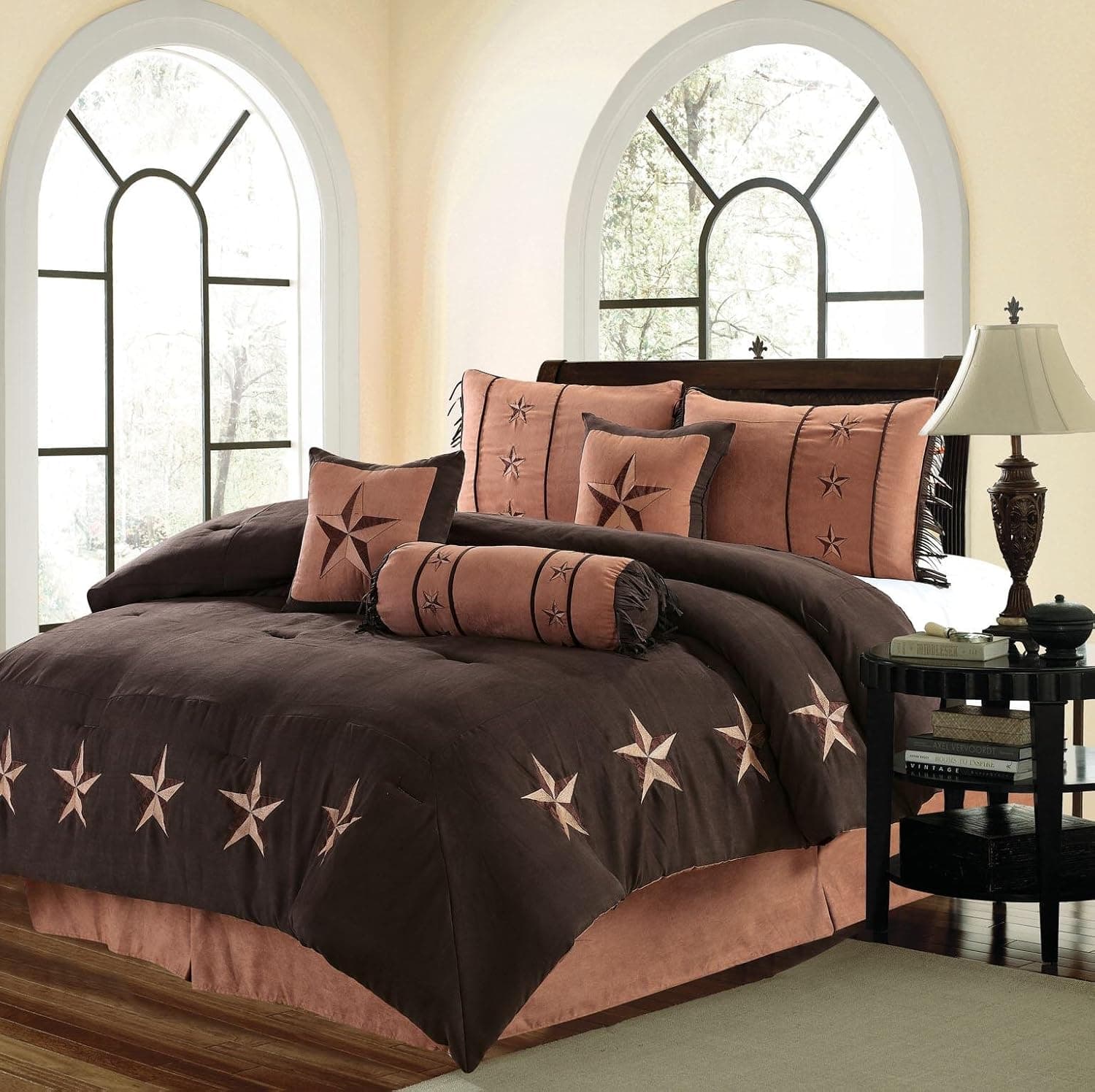 MB Collection 7 Piece Western Lodge Oversize King (110"X96") Comforter Set Dark Brown/Chocolate with Dark and Light Brown Star - Embroidered Lone Star Barbed Wire Micro Suede Bedding