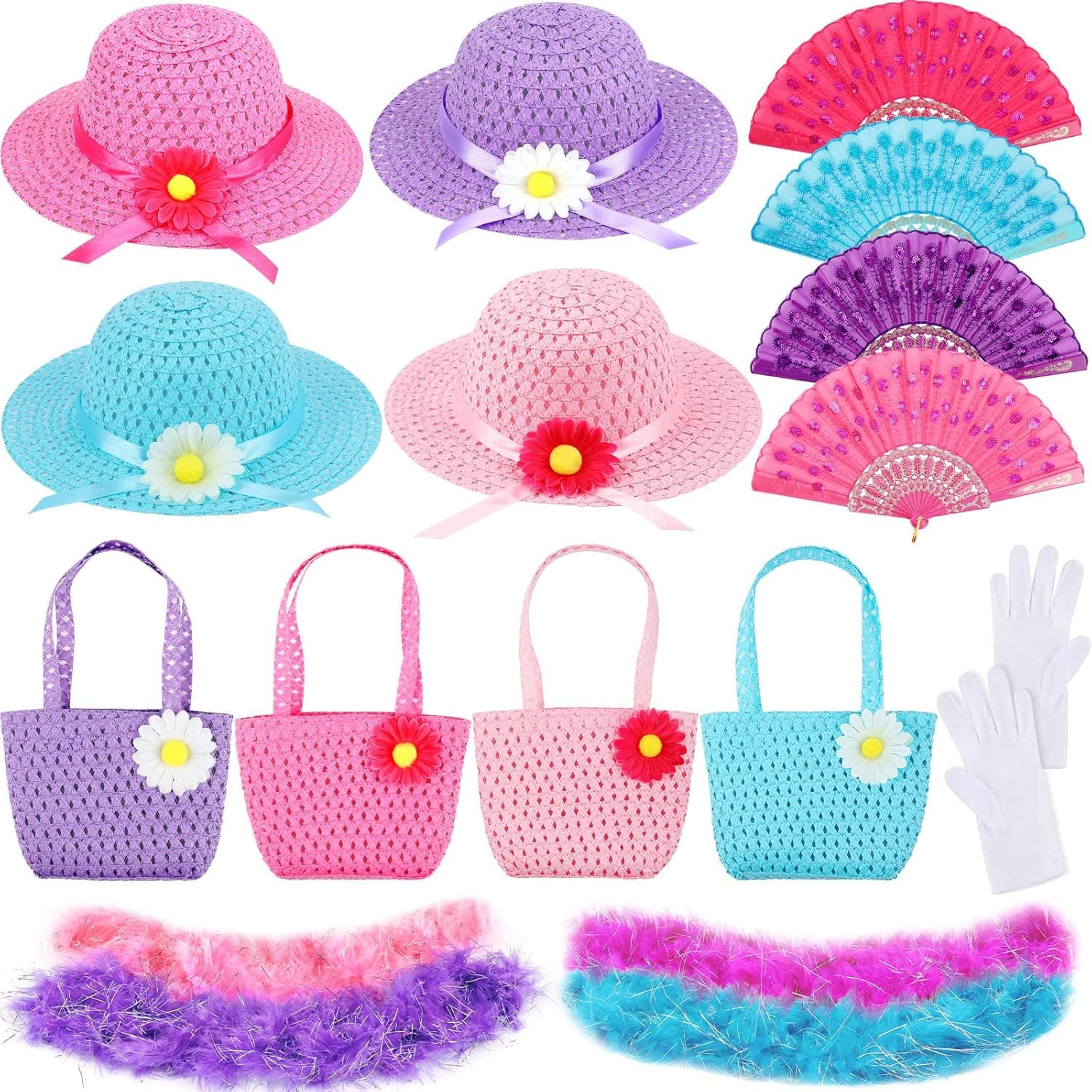 20 Pcs Girls Tea Party Dress up Play Set Includes Toddler Tea Party Gloves and Hat Feather Boa for Kids Dress up Purses Hand Fans for Girls Playtime Birthdays Easter Party Supplies Accessories