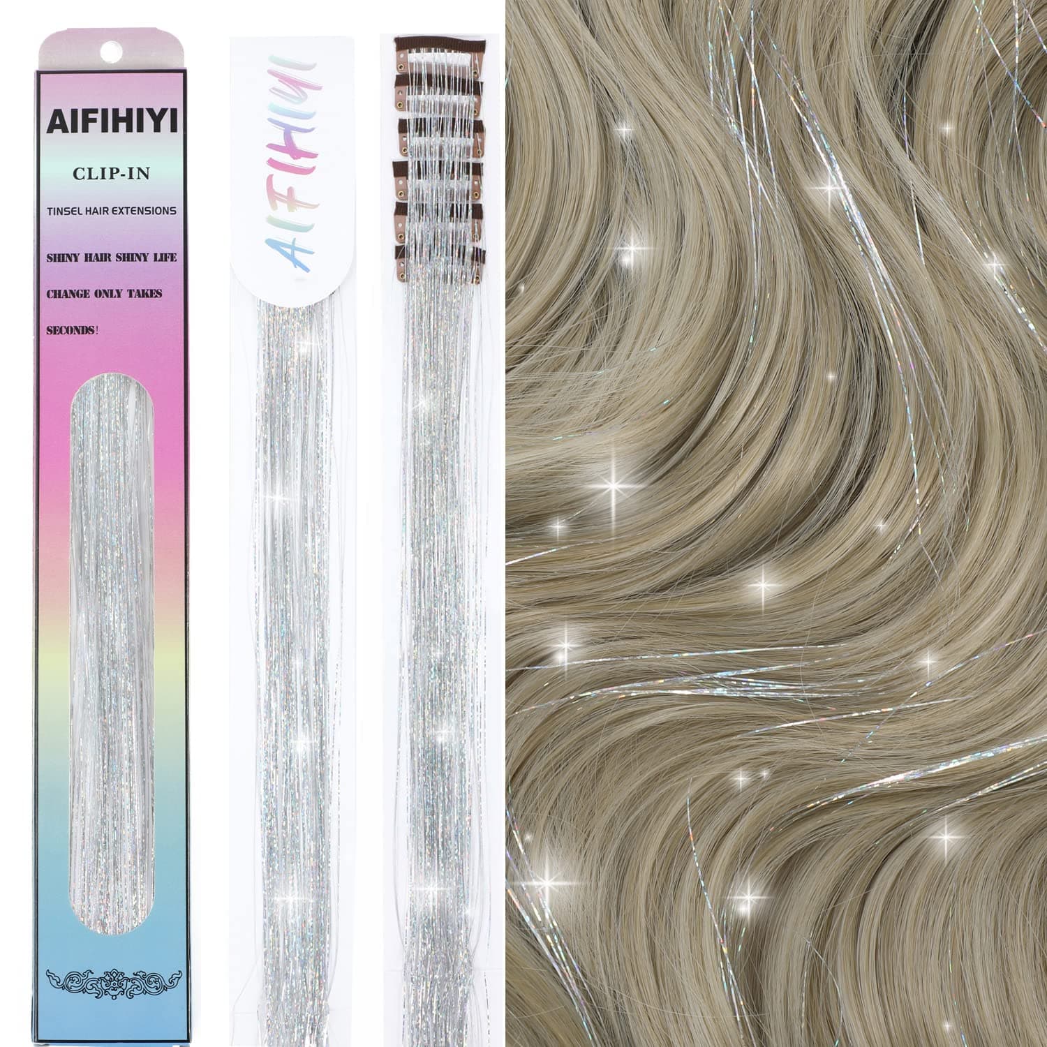 6 Pieces Clip in Hair Tinsel Heat Resistant 23.6 Inch Fairy Silver Hair Tinsel Kit Clip in Tinsel Hair Extensions, Glitter Hair Tensile Clip in on Sparkling Shiny Colorful Hair Accessories for Women Girls Kids (Silver)