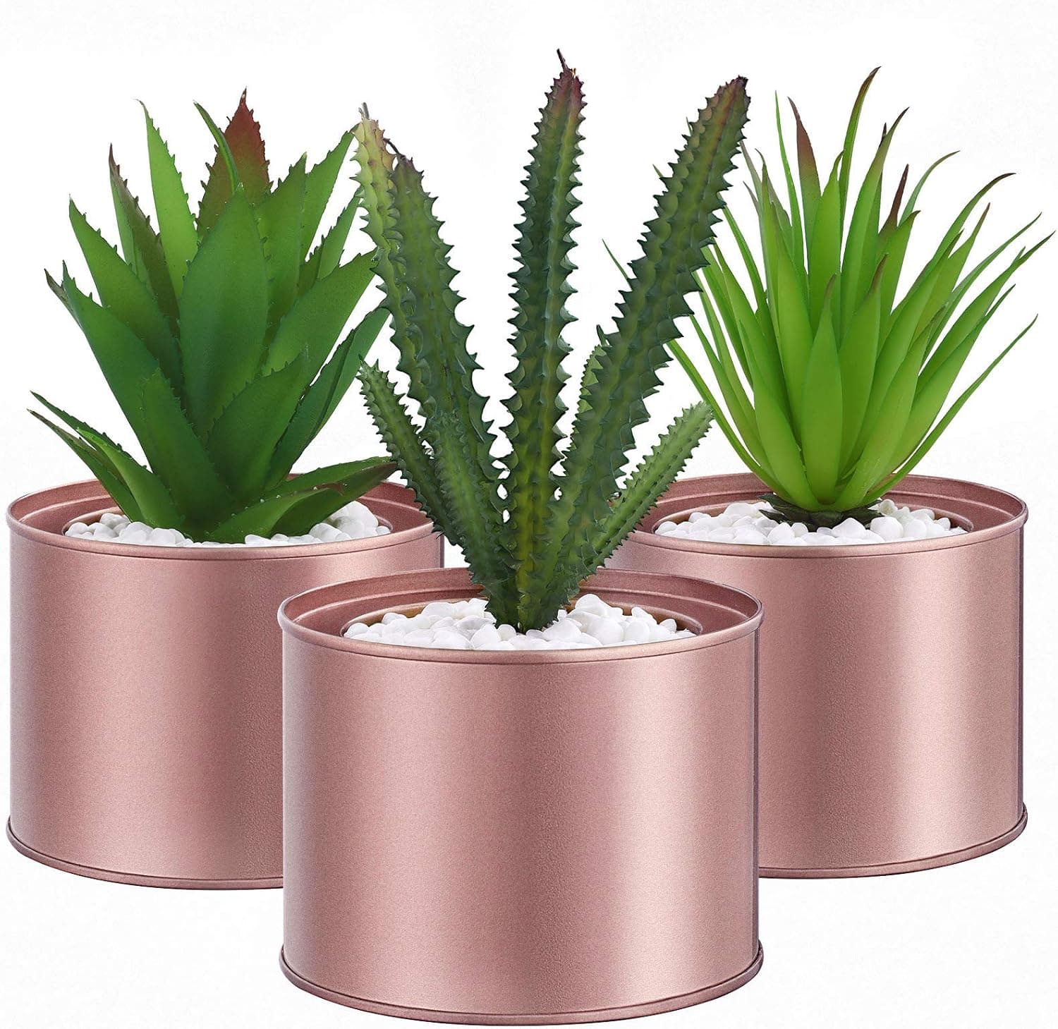 SONGMICS Set of 3 Potted Artificial Plants, Fake Houseplants, Decorative Plants for Living Room, Office, Bookcase, Table Decoration, Rose Golden Pots, Green Plants ULAP204A02