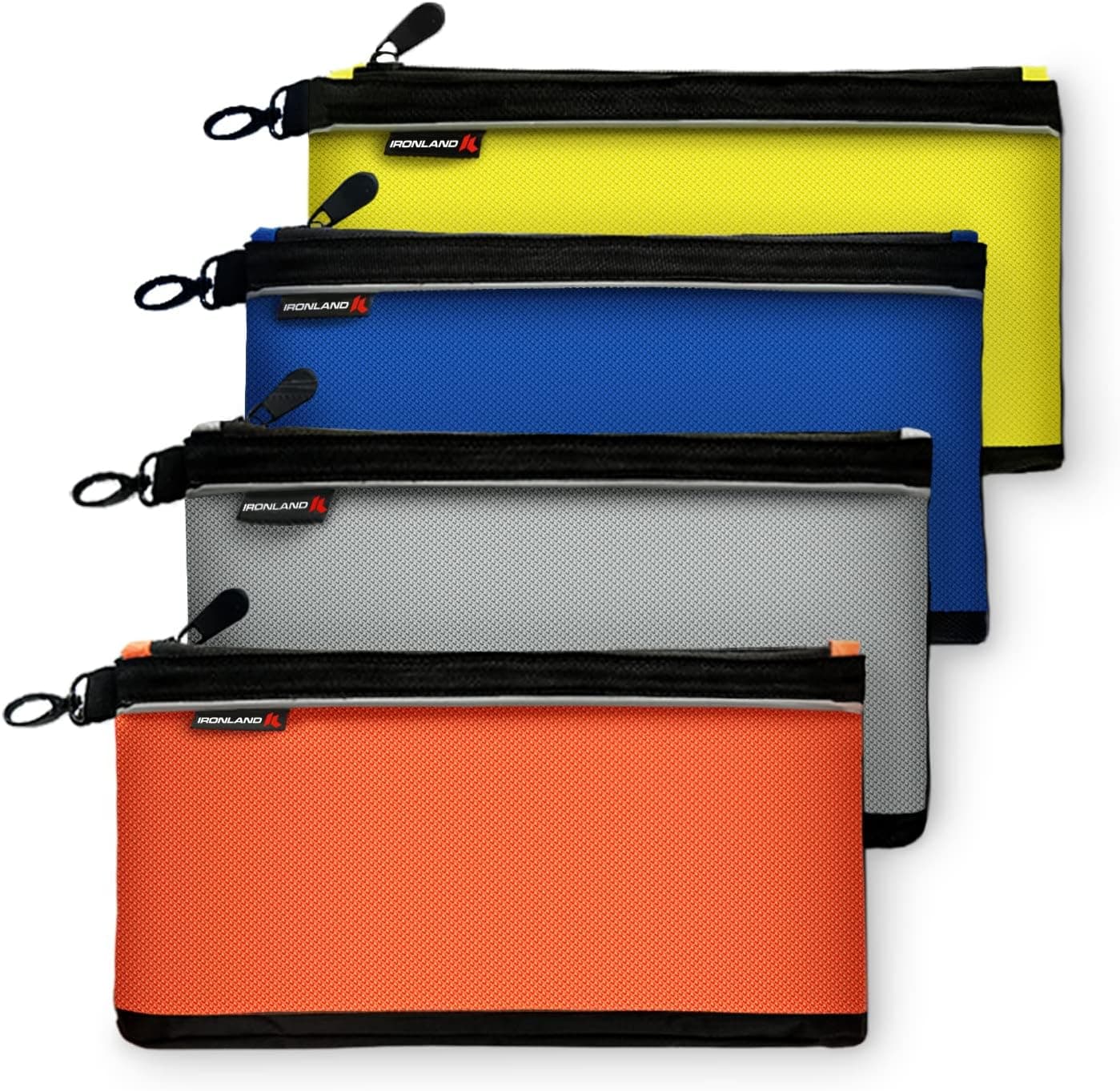 IRONLAND Small Tool Bags and Pouches for Men/Women, Zipper Utility Pouch,Waterproof Heavy Duty in Blue, Grey, Orange, Yellow (12 inch) 4 Pack