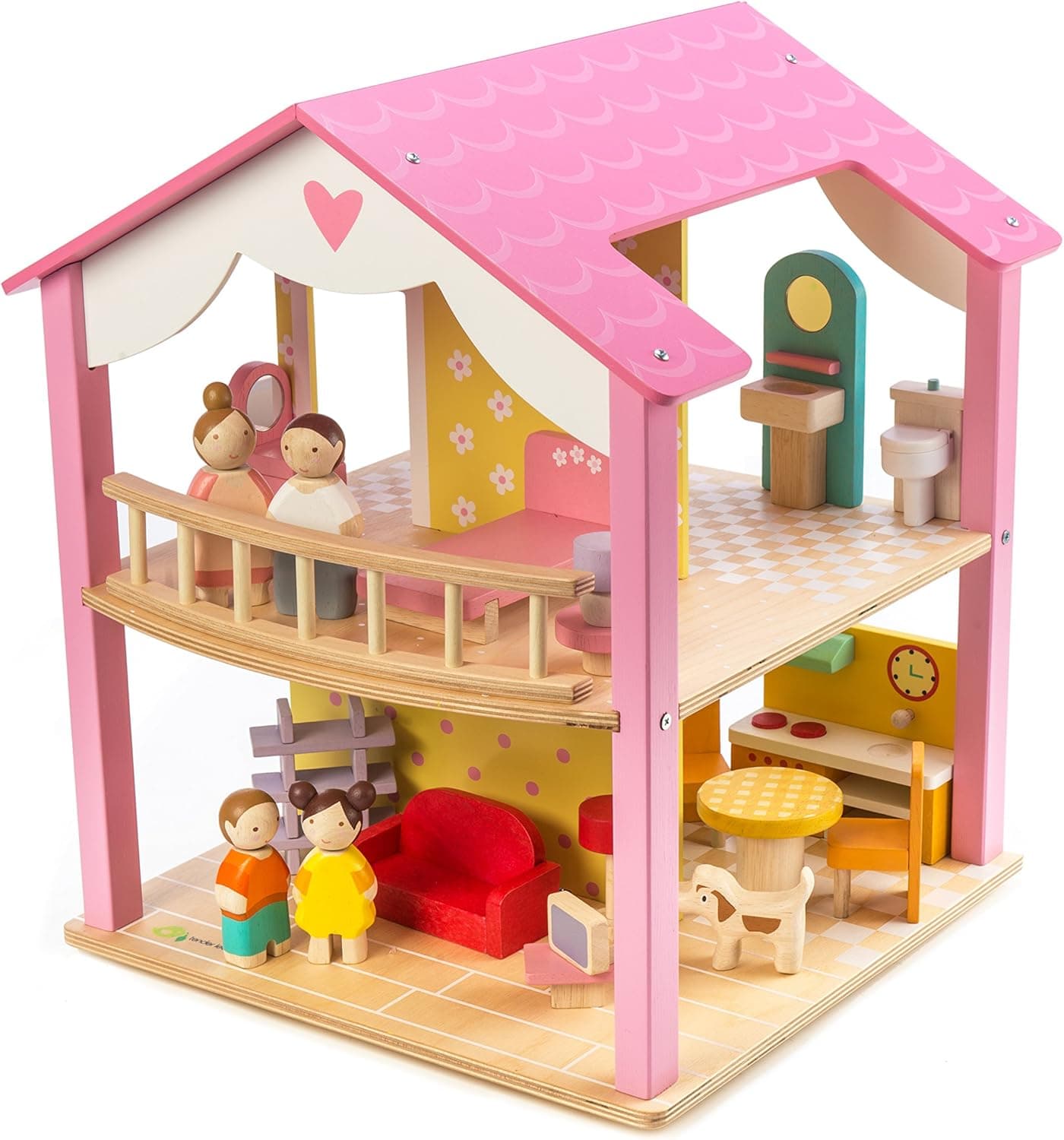 2 Storey Pink Leaf House with Swivel Base - 18” Tall Classic Doll House with 14 Doll Furniture Pieces - Premium Quality Construction - Develops Social and Emotional Skills - 3 Years +