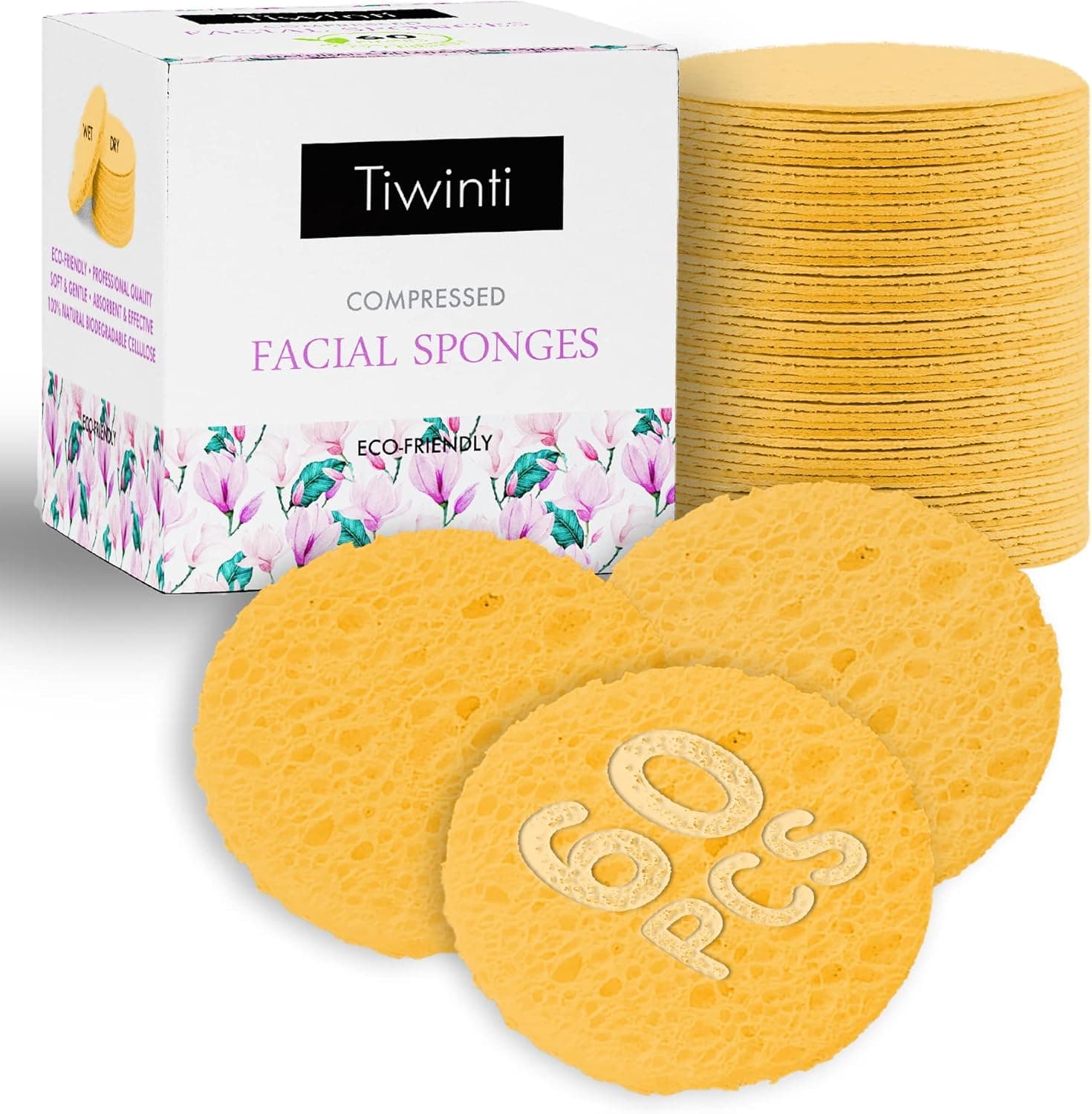 60-Count Compressed Facial Sponges|TiwinTi 100% Natural Cellulose Sponges|Face Cleansing|Makeup Remover|Facial Sponges for Estheticians|Exfoliating Sponge|Pore Exfoliation|Reusable