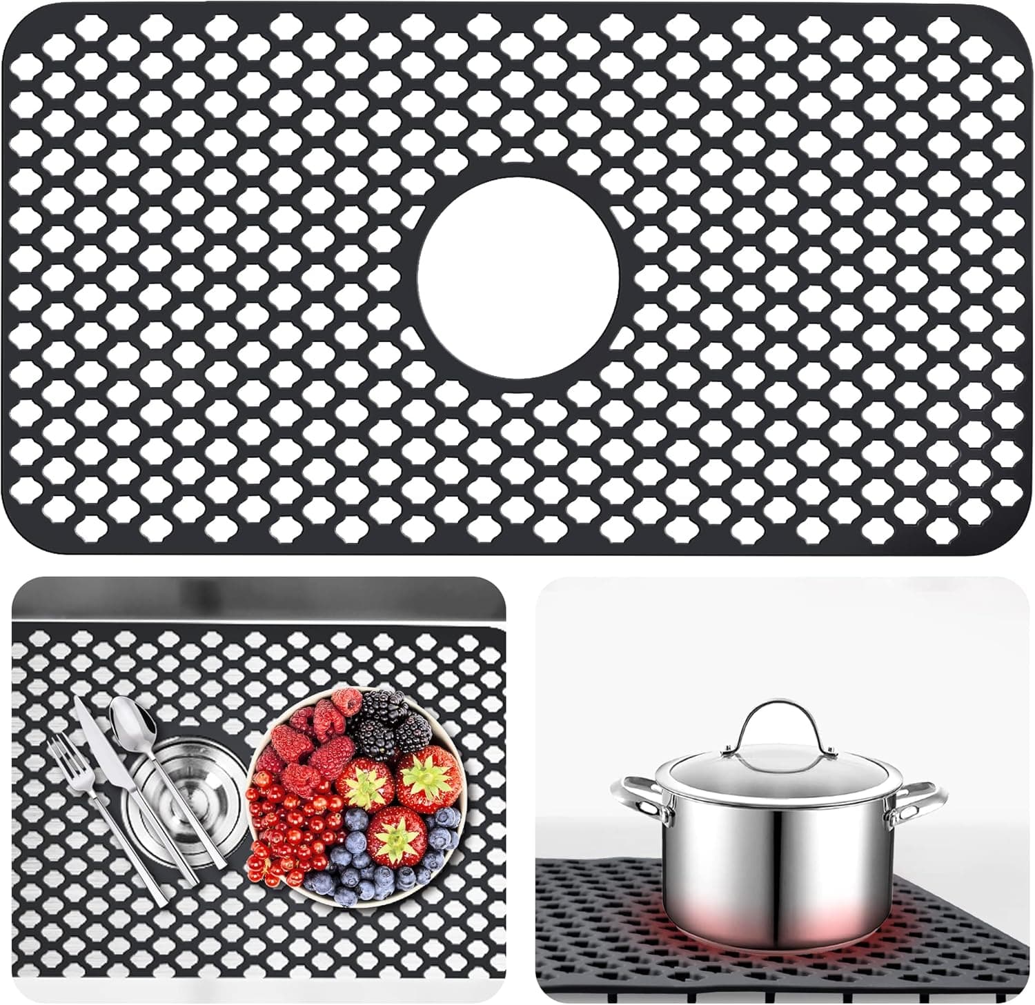 Burfocus Sink Protectors for Kitchen Sink,Silicone Sink Mat Grid Accessory,1 PCS Non-slip Black Sink Mats for Bottom of Kitchen Farmhouse Stainless Steel Porcelain Sink (24.8"x 13")