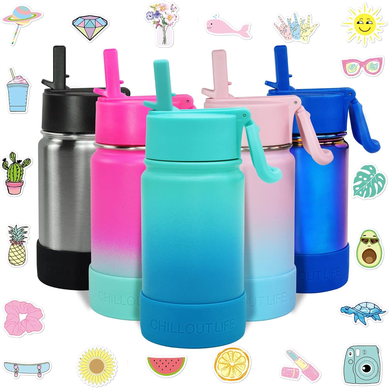 CHILLOUT LIFE 12 oz Insulated Water Bottle with Straw Lid for Kids and Adult + 20 Funny Waterproof Stickers - Perfect for Personalizing Your Kids Metal Water Bottle