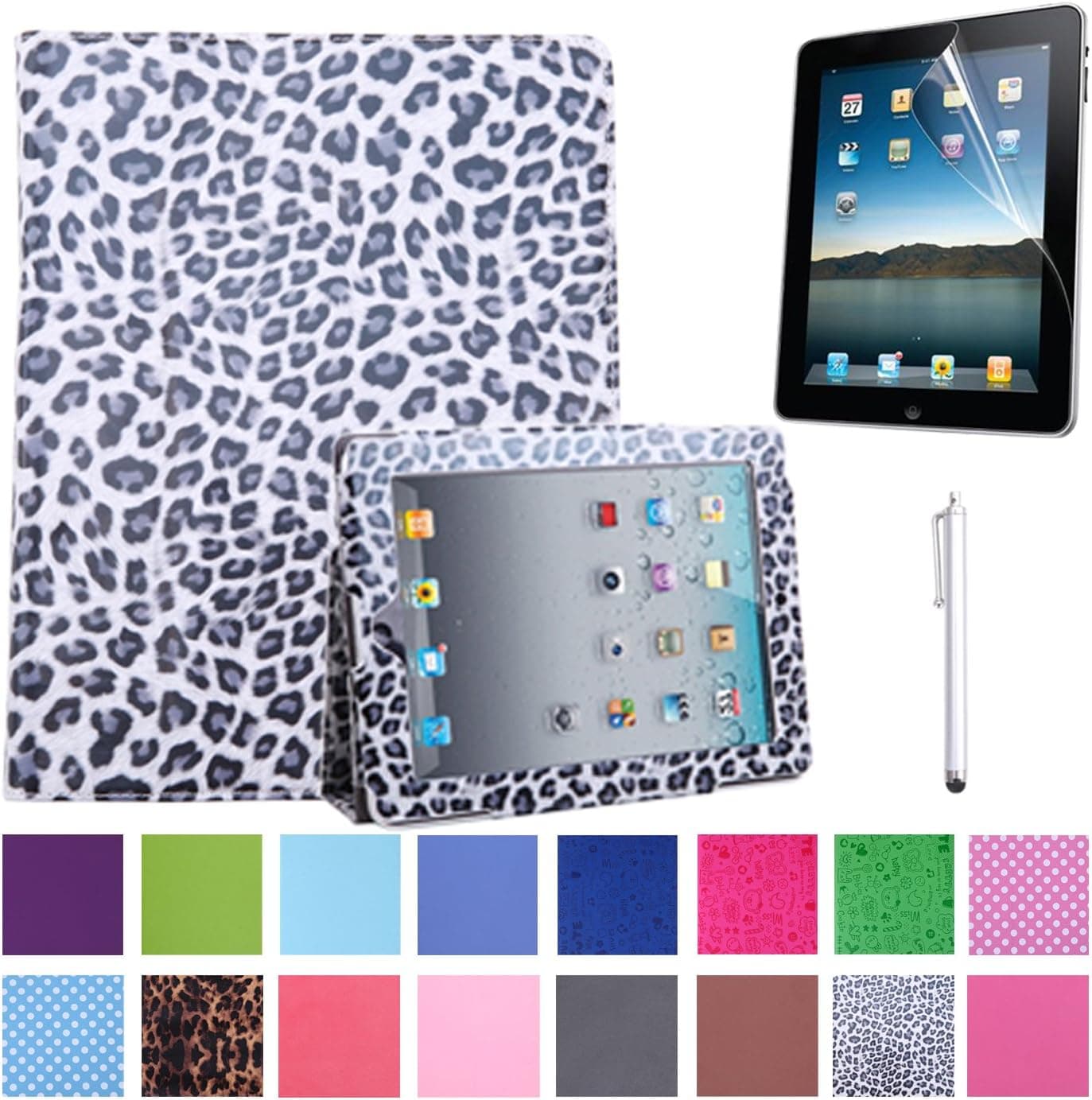 HDE Folding Leather Folio Case Cover Stand for Apple iPad 1st Generation w/ Screen Protector & Matching Stylus (Leopard Print)