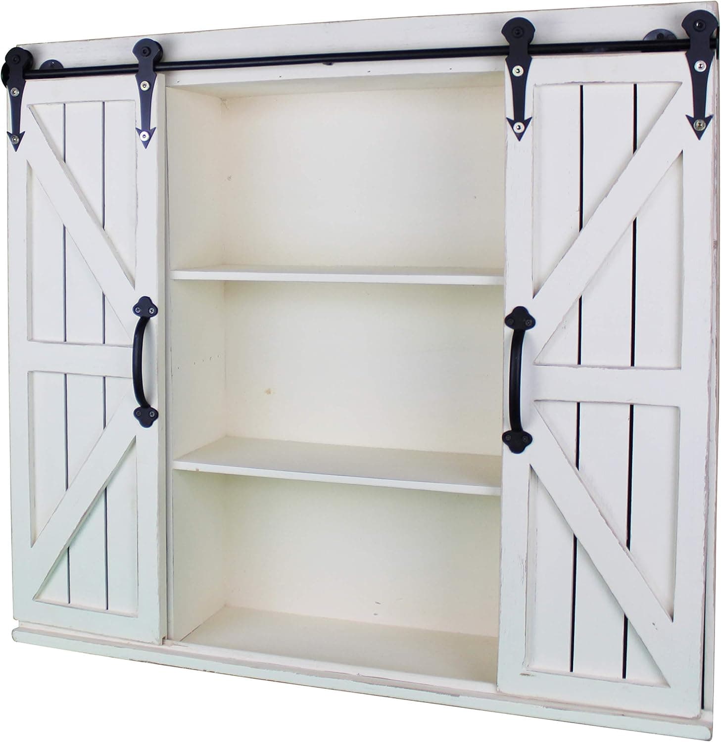 Wooden Wall Mount Decorative Rustic Farmhouse Storage Cabinet with Sliding Barn Doors – White Washed