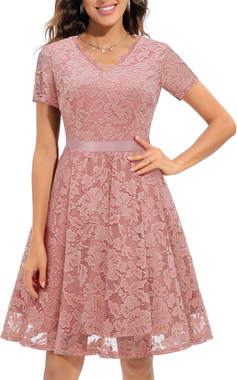 Daisyaner Women's Short Sleeve Lace Floral Elegant Cocktail Dress Crew Neck Bridesmaid Dress Knee Length for Party