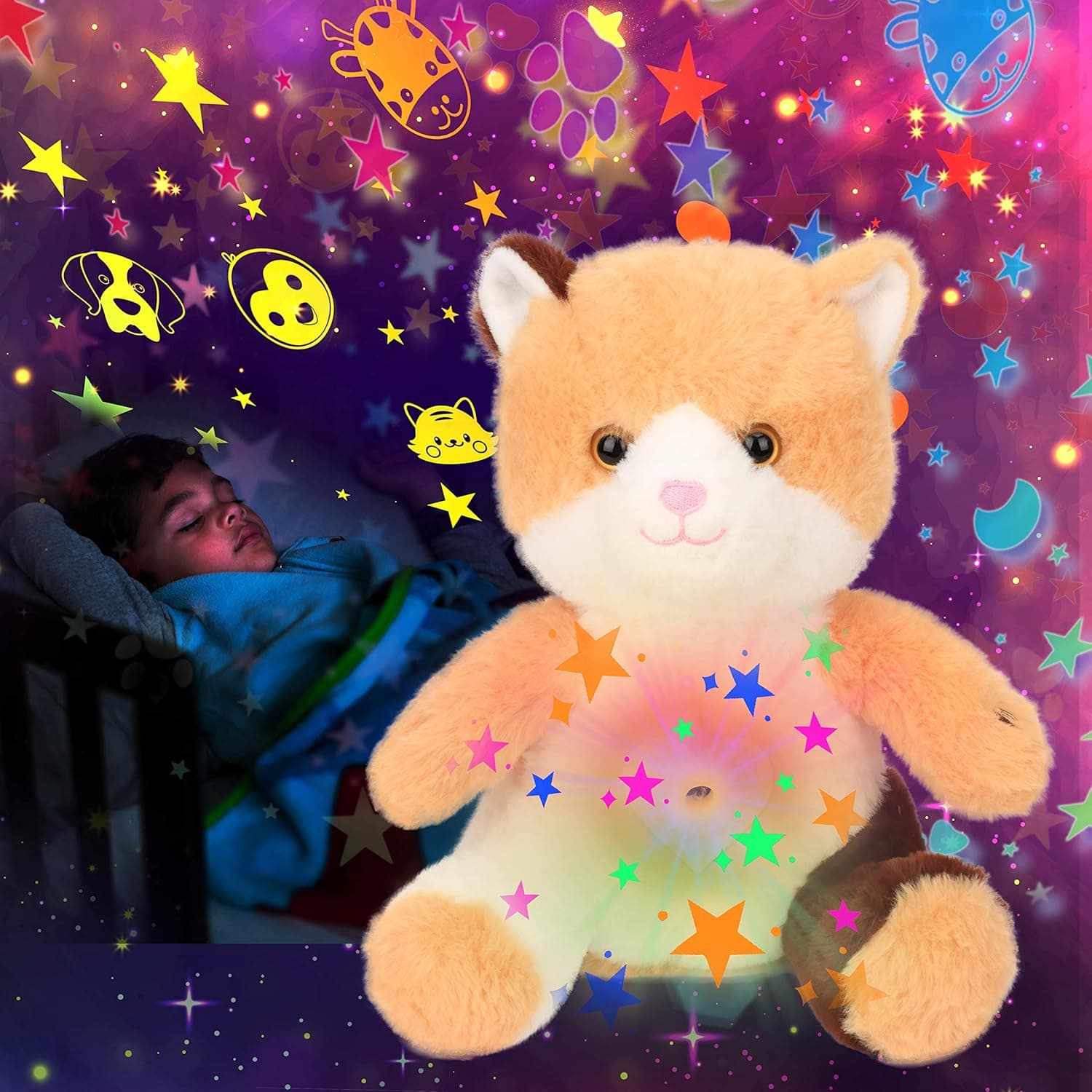Easfan Musical Kitty Star Projector Night Light Cat Stuffed Animal with Lullabies Singing Soother Kitten Plush Toy Birthday for Kids Toddlers Yellow,10''