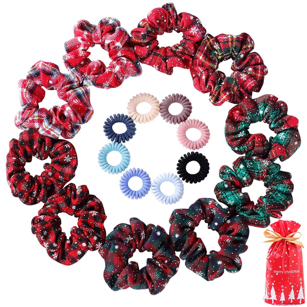 Wooyaya 18pcs Christmas Scrunchies for Hair,Including 10 cotton scrunchies and 8 flocked Phone Cord Hair Ties or Spiral Hair Ties, Hair Scrunchy Ponytail Holder Hair Accessory for Girls and Women