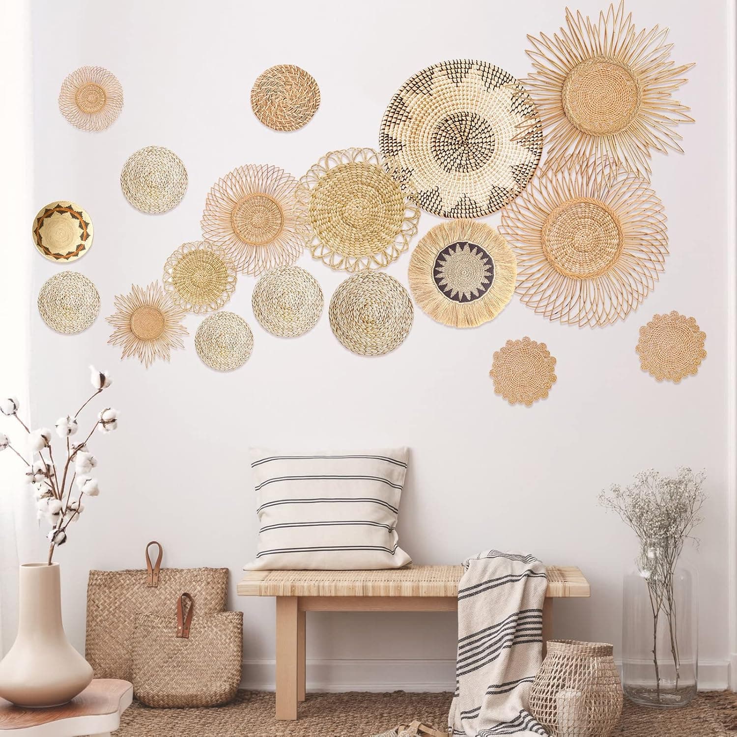 18Pcs Boho Basket Wall Decals Round Wall Sticker Modern Boho Wall Decor Peel and Stick Wall Decor Sticker Removable Boho Wall Stickers Rustic Wall Art for Bedroom Office, Stickers Only (Stylish Style)