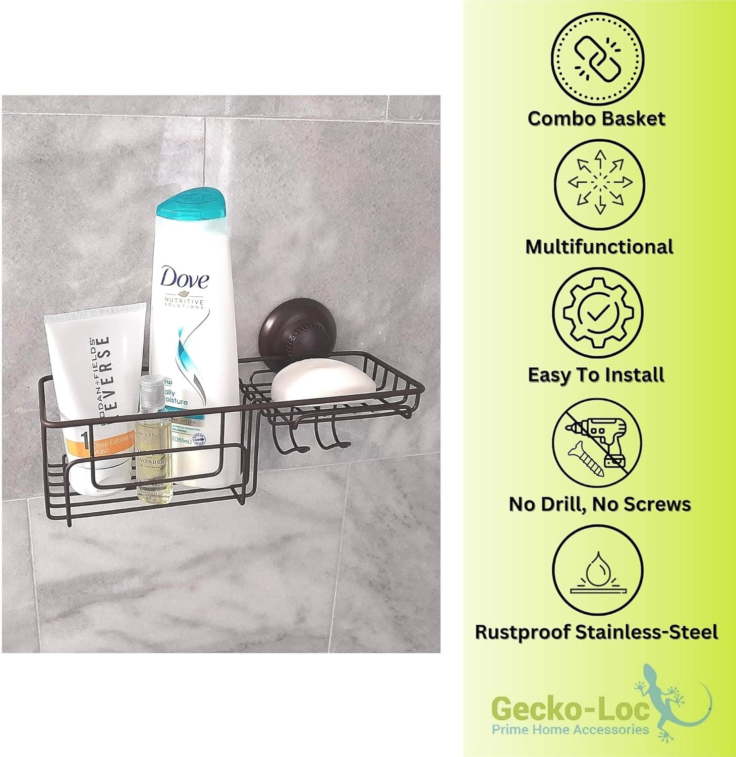 Gecko-Loc 🦎 Combo Shower Caddy Organizer - Vacuum Suction Cup Mount - Metal Basket Soap Dish Holder Rack with Hooks (Bronze)