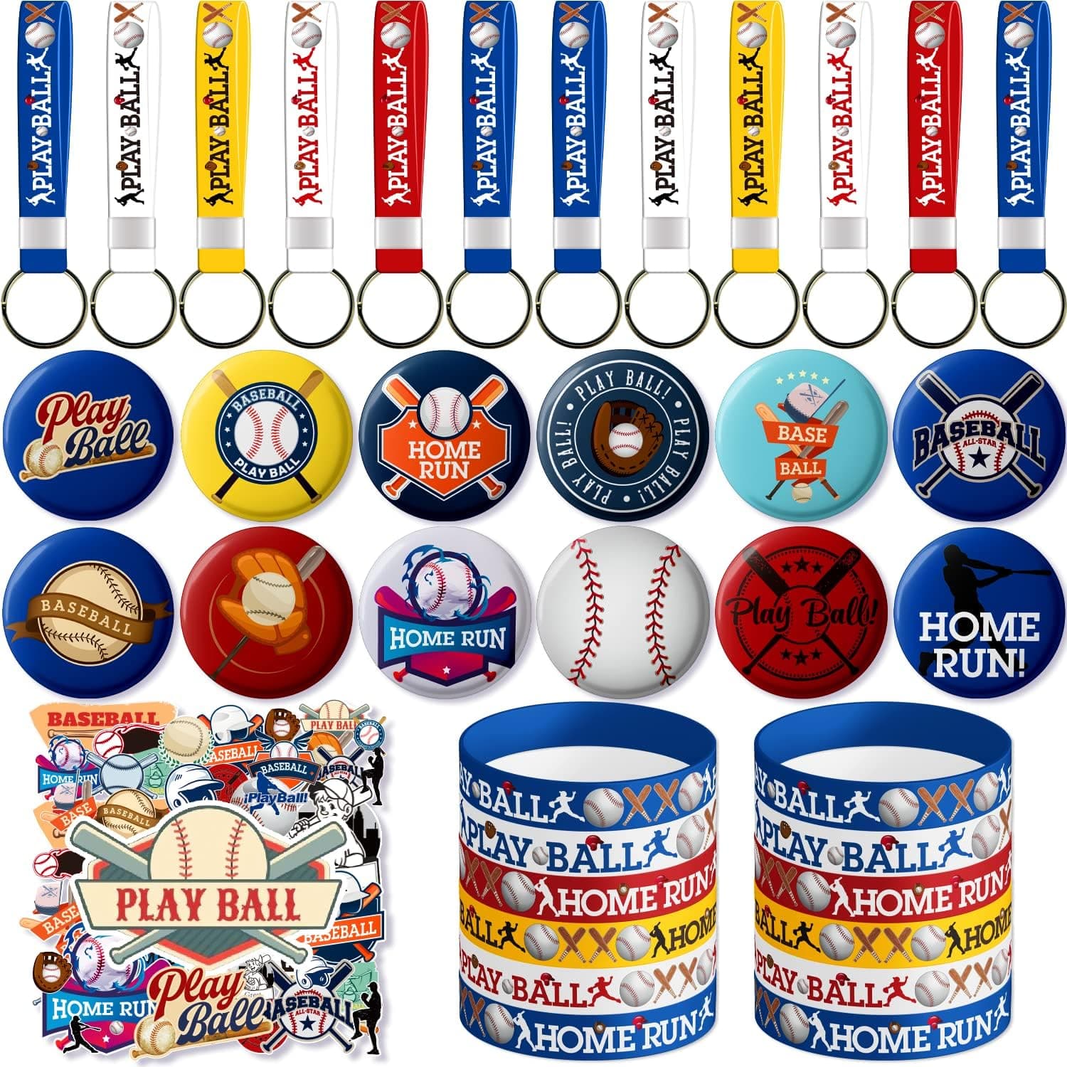 M AMFEOV Baseball Party Favors,86 Pcs Baseball Favors Includes 12 Baseball Bracelet,12 Baseball Party Decorations Button Pins,12 Keychain, 50 Baseball Stickers for Baseball Goodie Bags Favors