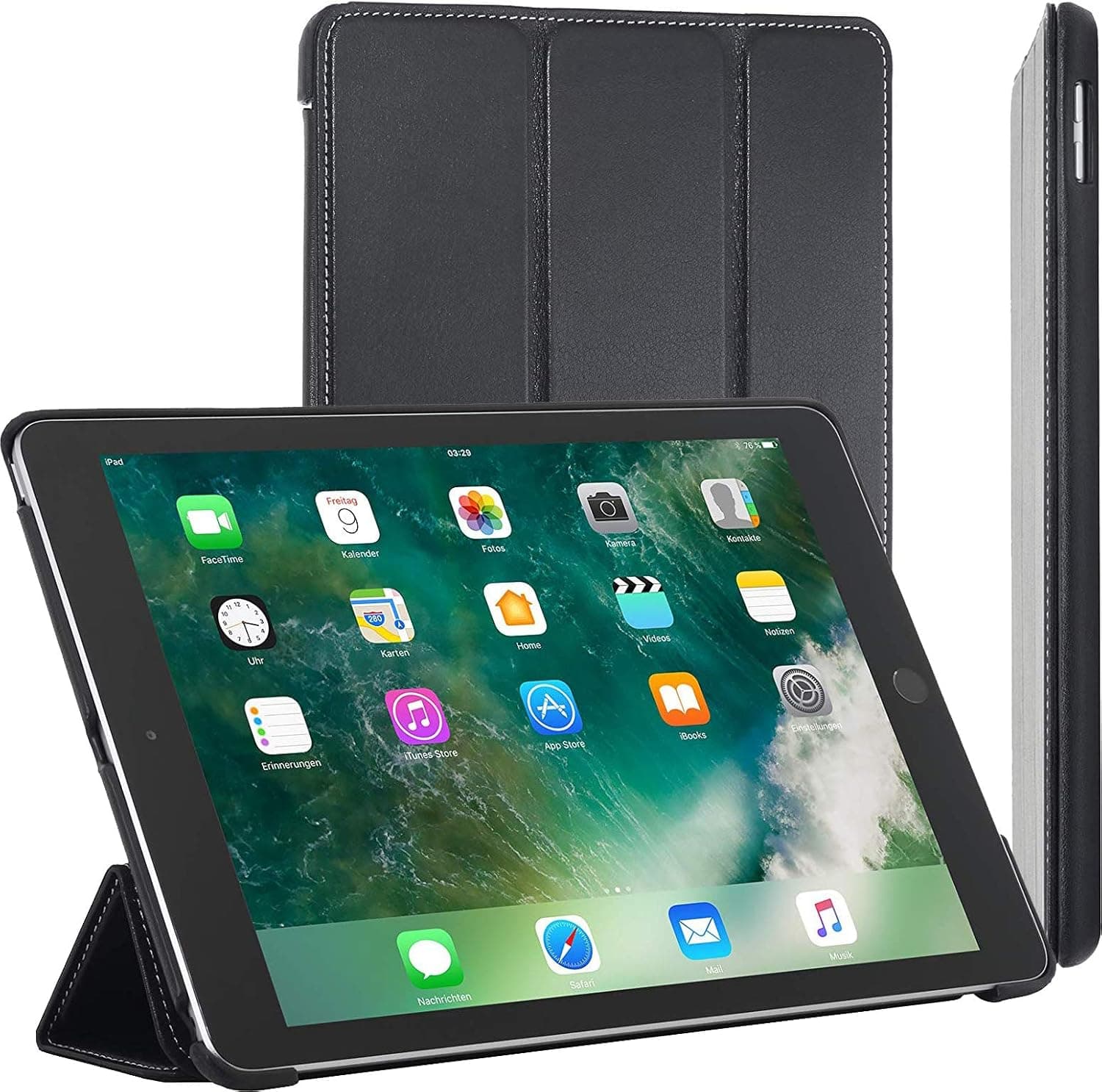 StilGut Case for iPad 9.7-inch, 2018 6th and 2017 5th Generation, Genuine Leather Flip Cover with Stand and Smart Auto Sleep and Wake-up, Black Nappa