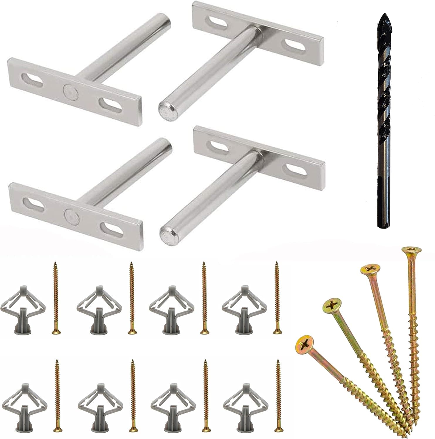 4pc Solid Stainless Steel 4" Floating Shelf Brackets with Complete Mounting & Installation Hardware Kit. Wood Screws for Studs and Heavy Duty Anchors w/Drill Bit for Wall Included