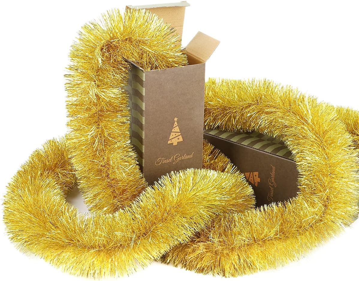 SEUGKE 2Pcs Christmas Garland Gold Tinsel Garland for Christmas Tree Fireplace Ceiling Hanging Decorations Party Holiday Indoor Outdoor Sparkling Metallic Garland Ribbon Supplies