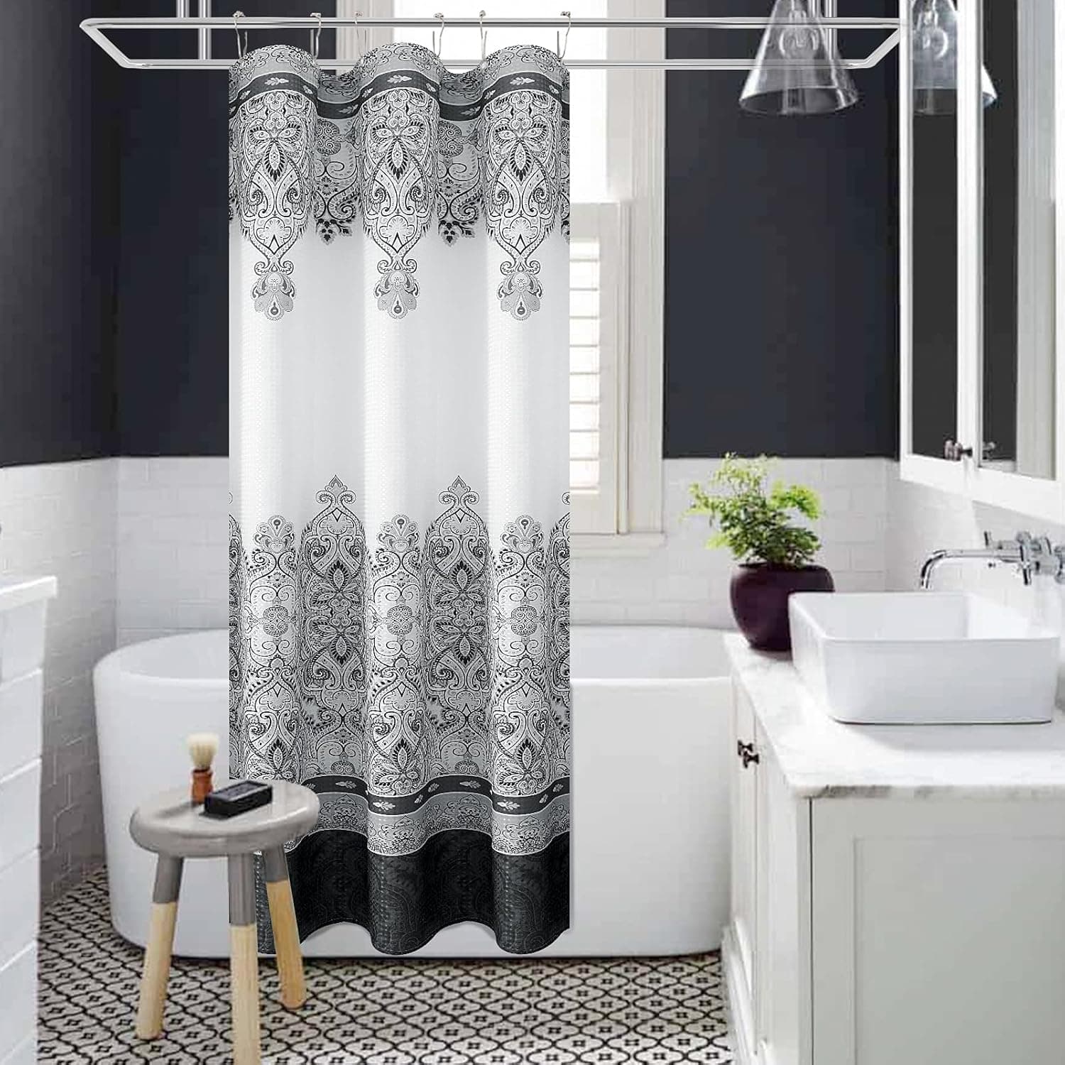Guken Black Stall Shower Curtain Moroccan Black Shower Stall Curtain Stall Size 36x72 inch Boho Paisley Floral Black and Grey Fabric Shower Curtain for Bathroom with 6 Hooks Water Repellent
