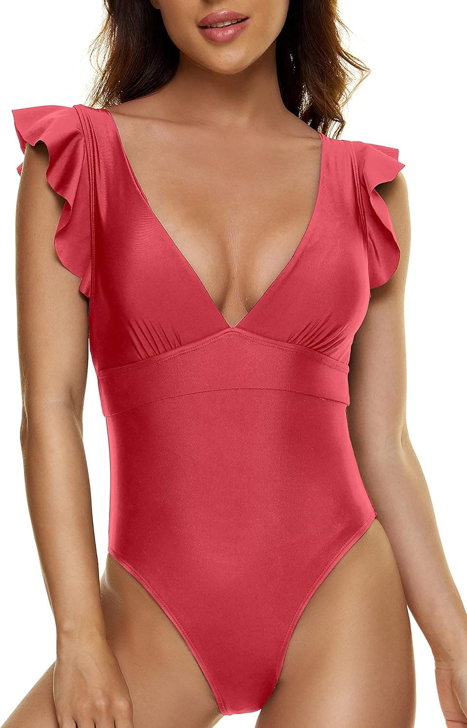 Peddney Ruffle One Piece Swimsuit Tummy Control V Neck Plunge Swimwear Bathing Suit for Women.