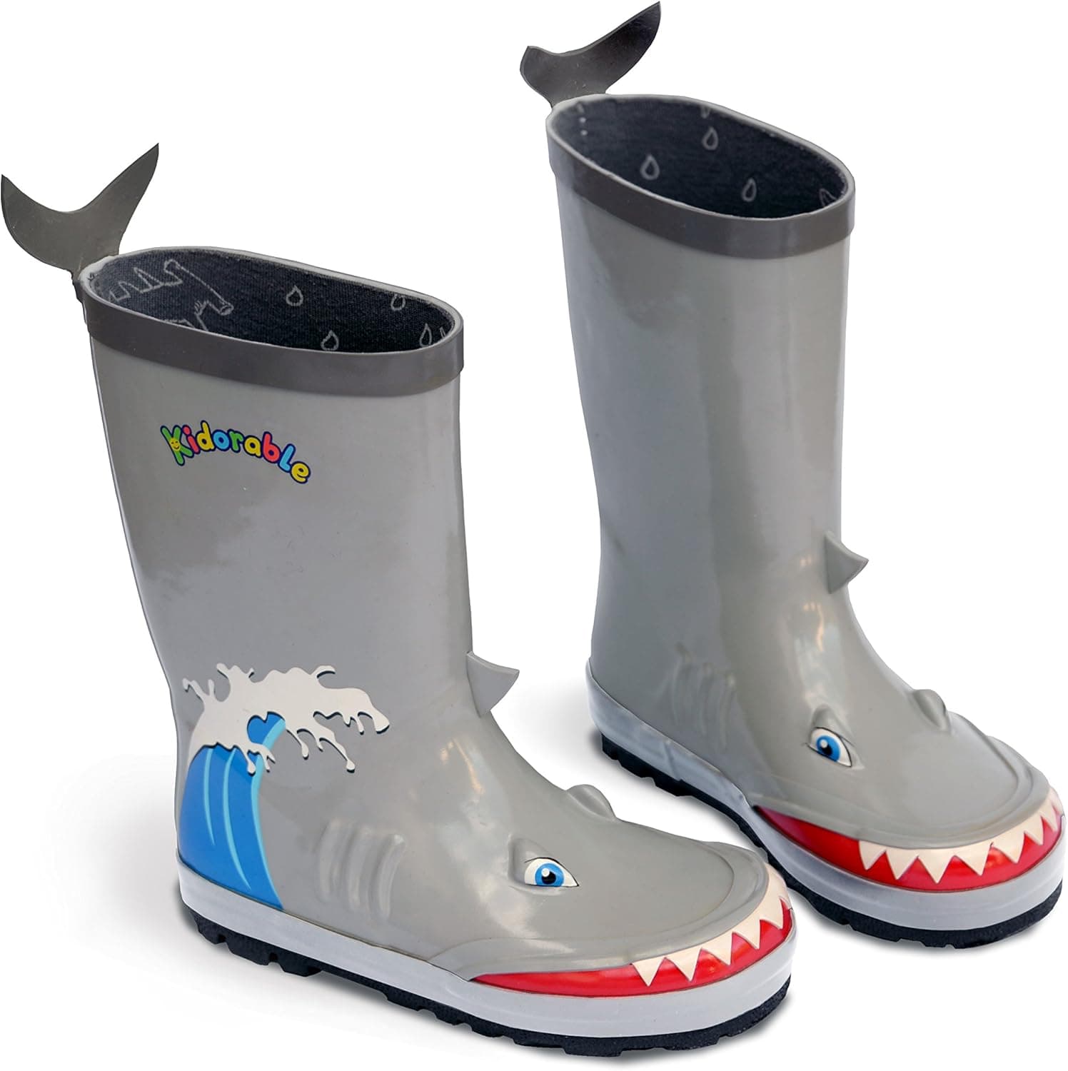 Kidorable Shark Natural Rubber Grey Rain Boots w/Fun Shark Tail Pull On Heel Tab