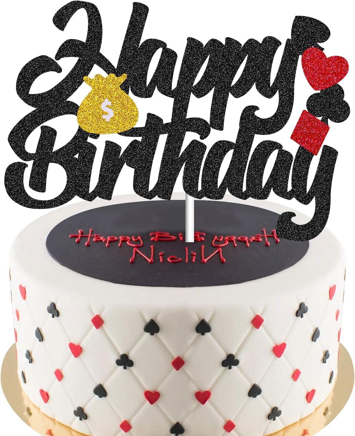 Casino Cake Topper, Poker Cake Topper Birthday Decorations, Casino Scene Playing Card Theme Picks for Adults, Las Vegas Cake Topper Party Supplies Gold Glitter Decor - 1 Piece Casino Cupcake Toppers