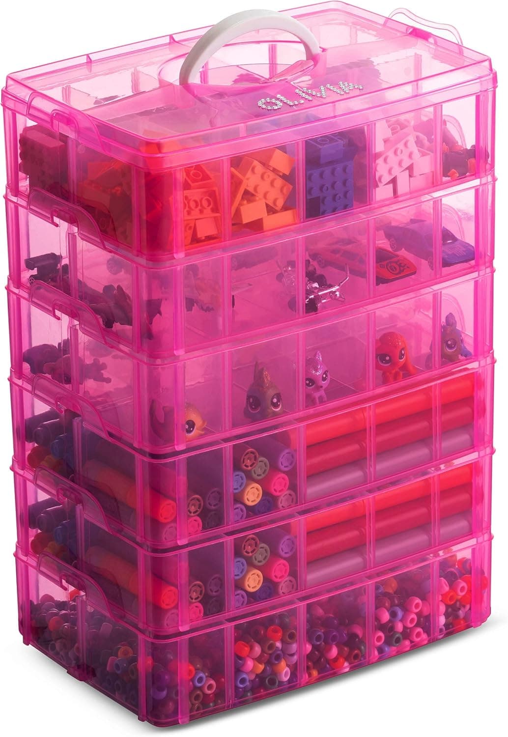 LifeSmart USA Stackable Storage Container Pink Adjustable Compartments Compatible with Lego Dimensions Shopkins Littlest Pet Shop Arts and Crafts and More (6 Tier)