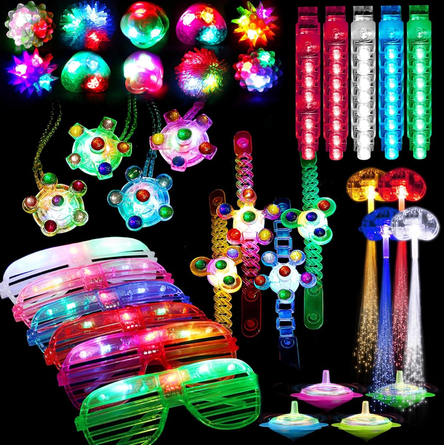 74 Pcs Light Up Toy Party Favors Glow in the Dark Party Supplies for Kid Adults with 44 Finger Lights 8 Jelly Rings 6 Glasses 4 Bracelets 4 Necklaces 4 Fiber Optic Hair Lights and 4 Spinning Top