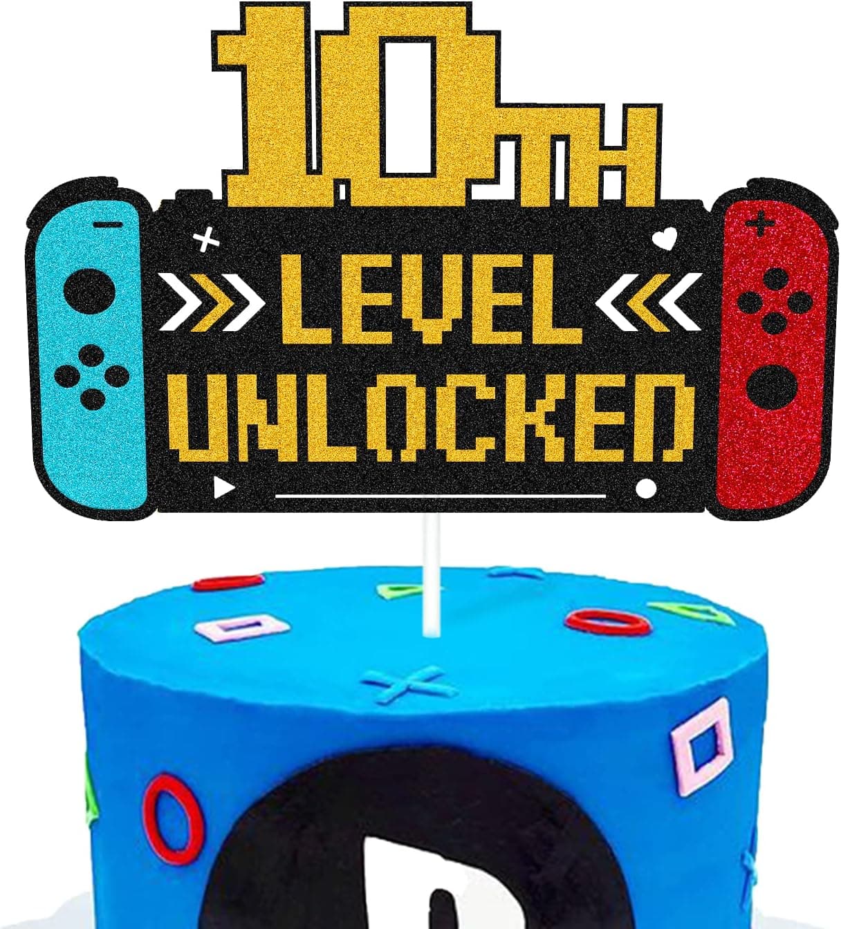 Level 10th Unlocked Sign Cake Topper Happy 10th Birthday Level Up Tenth Cake Decorations for Upgrade Video Play Game Screen Controller Themed Kids Boy Girl Bday Party Supplies Double Sided