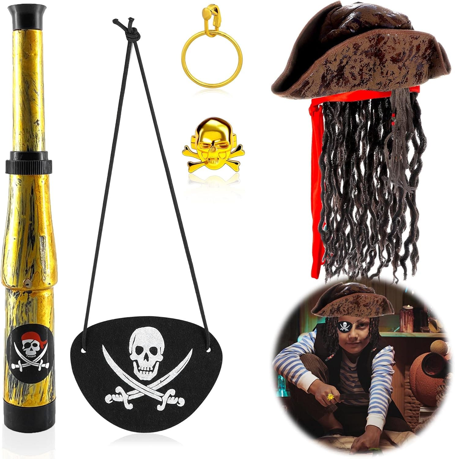 Halloween Pirate Costume Set - Pirate Hat with Dreadlocks Hair Braids Pirate Costume Accessories for Pirate Party, Cosplay, Dress Up Theme Party (5 Pieces)