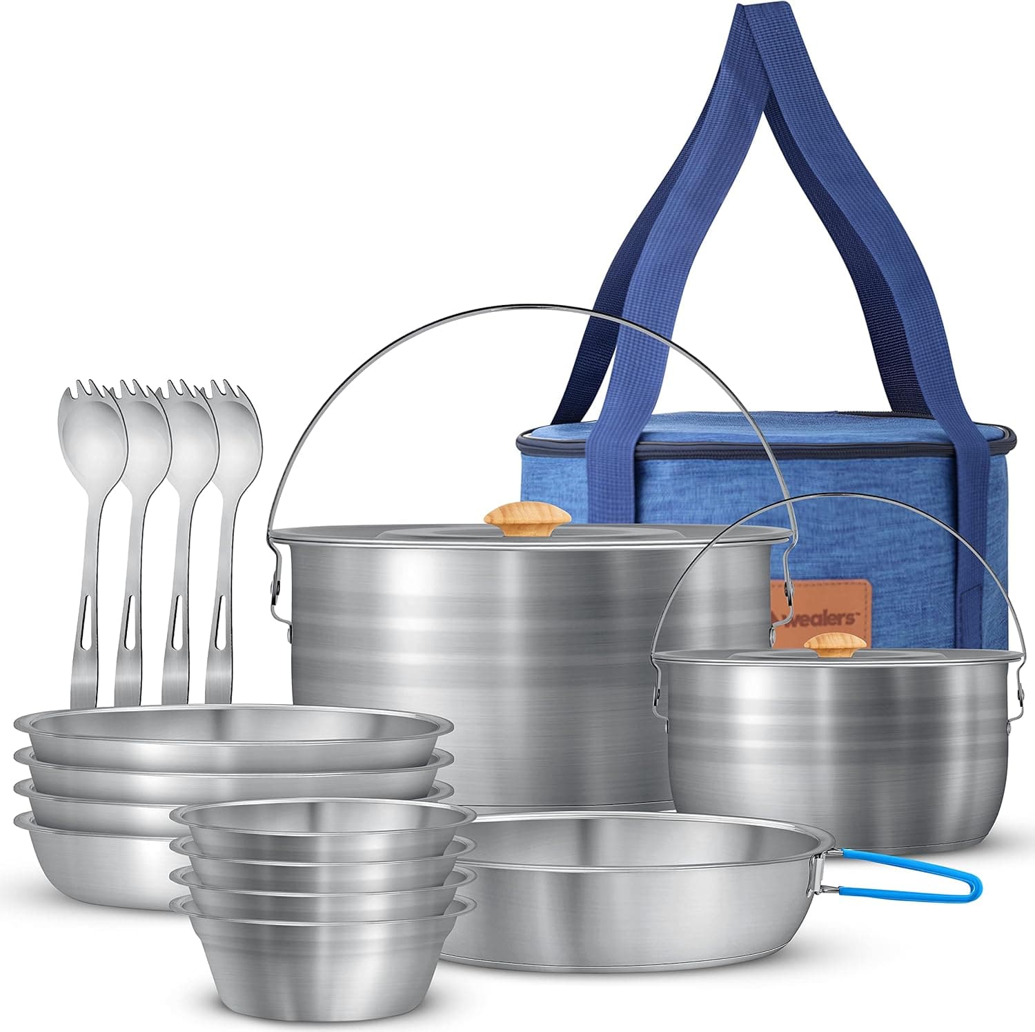 Wealers Camping Cookware & Dinnerware Set- 17 Pieces Stainless Steel Pots and Pans Set with Plates, Bowls & Sporks in Travel Mesh Bag for Camping, Trekking, Backyard Picnic & Backpacking Gear