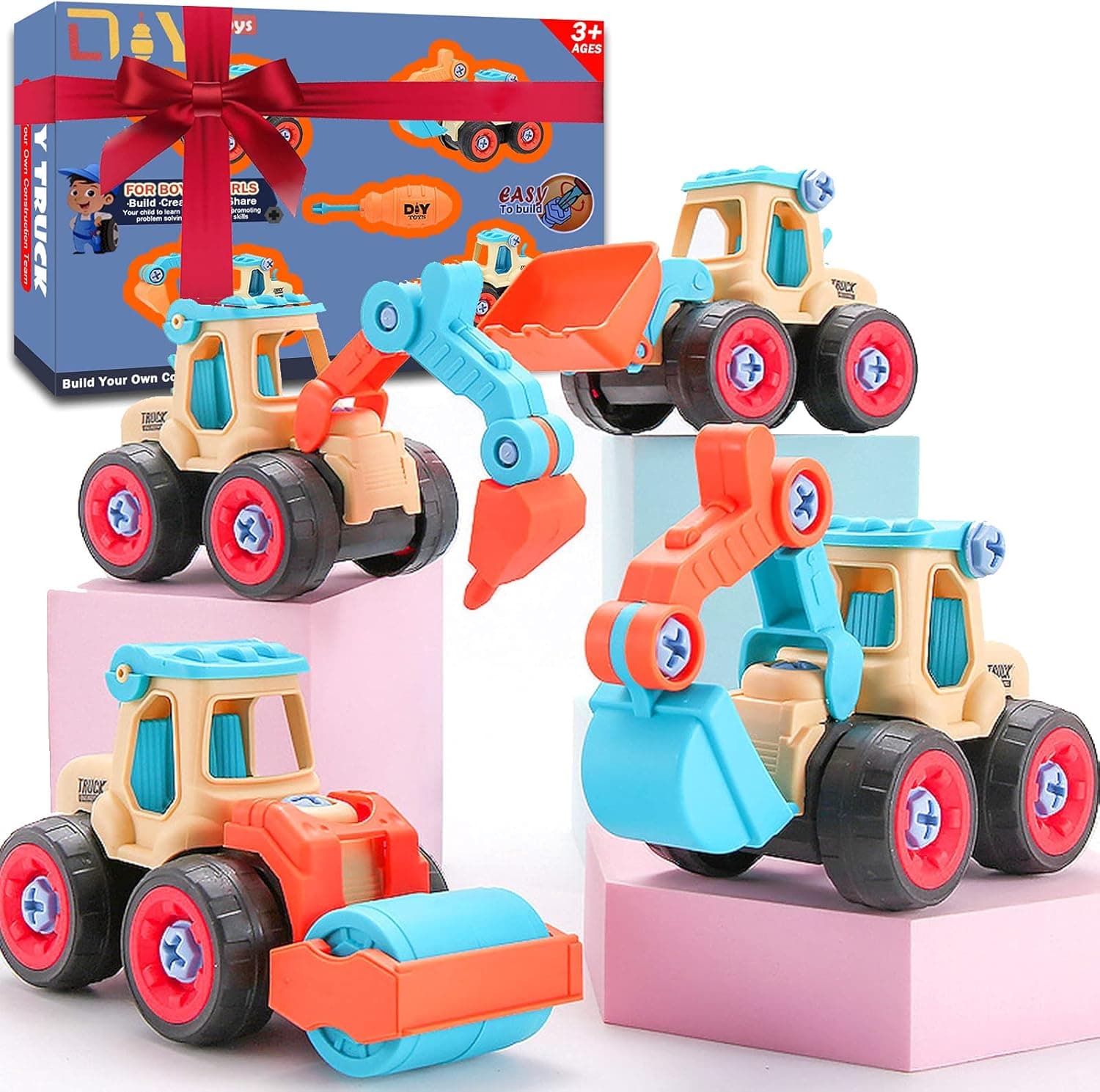 FresarBox Engineering Vehicle DIY Toy for 3-6 Years Old Kids Take Apart Toys Toddler Assembly Truck with Drill and Tools Educational Building Toy for Boy's Gifts