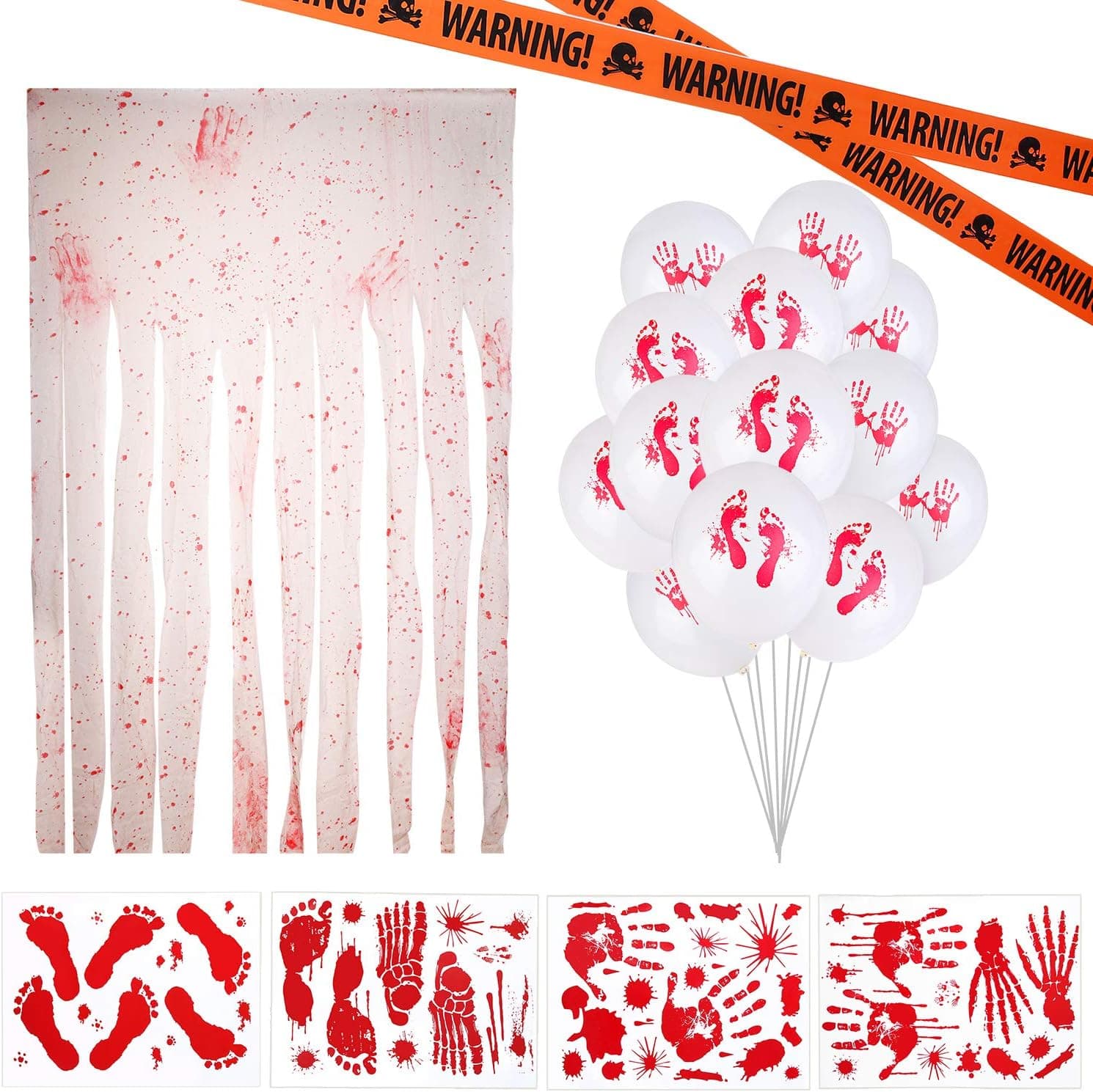 URATOT 18 Pieces Halloween Party Decoration Set, Door Curtain Hand Prints Footprints Wall Decals Caution Tape Latex Balloons for Halloween Haunted House Crime Scene Scary Party