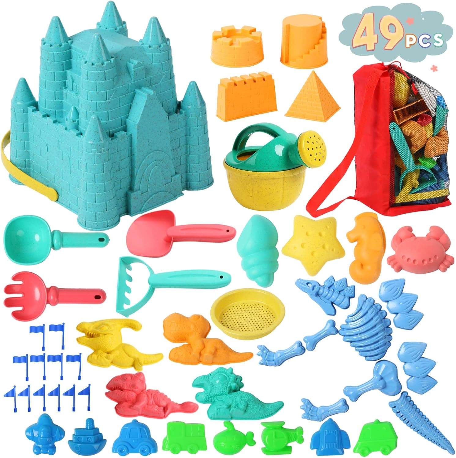Beach Toys for Kids, 49 pcs Eco-Conscious Assortment of Toddler Beach Sand Toys, Reusable Mesh Beach Bag, Sand Castle Kit & Dinosaur Sand Molds, Beach Buckets Beach Shovels, Sand Sifter, Sandbox Toys