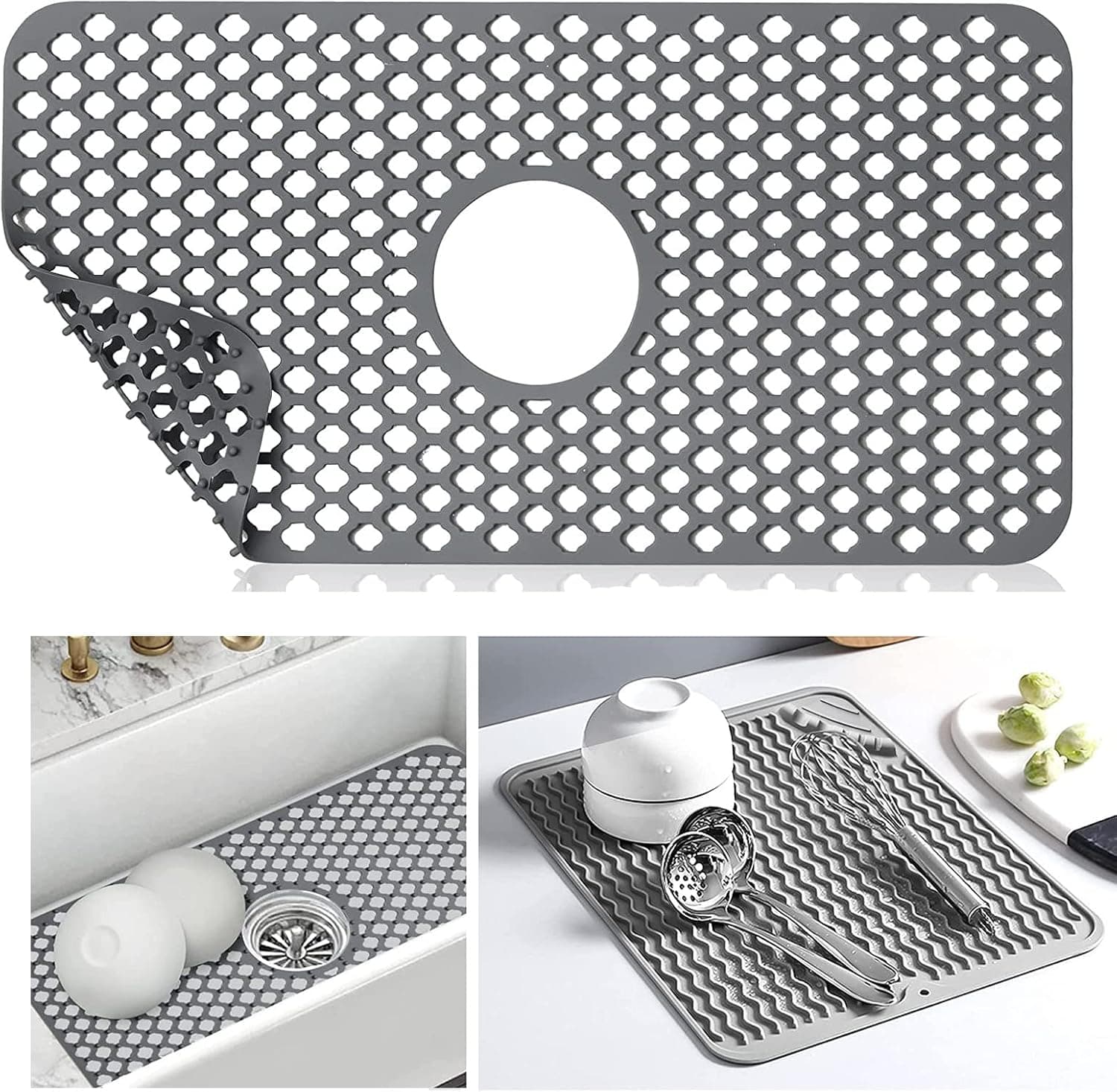 Silicone Sink Protectors for Kitchen Sink, 2 Pieces Set Non-slip Sink Mat Grid Dish Drying Mat, 24'' x 13'' Heat Resistant Silicone Mat for Bottom of Stainless Steel/Porcelain Sink with Rear Drain