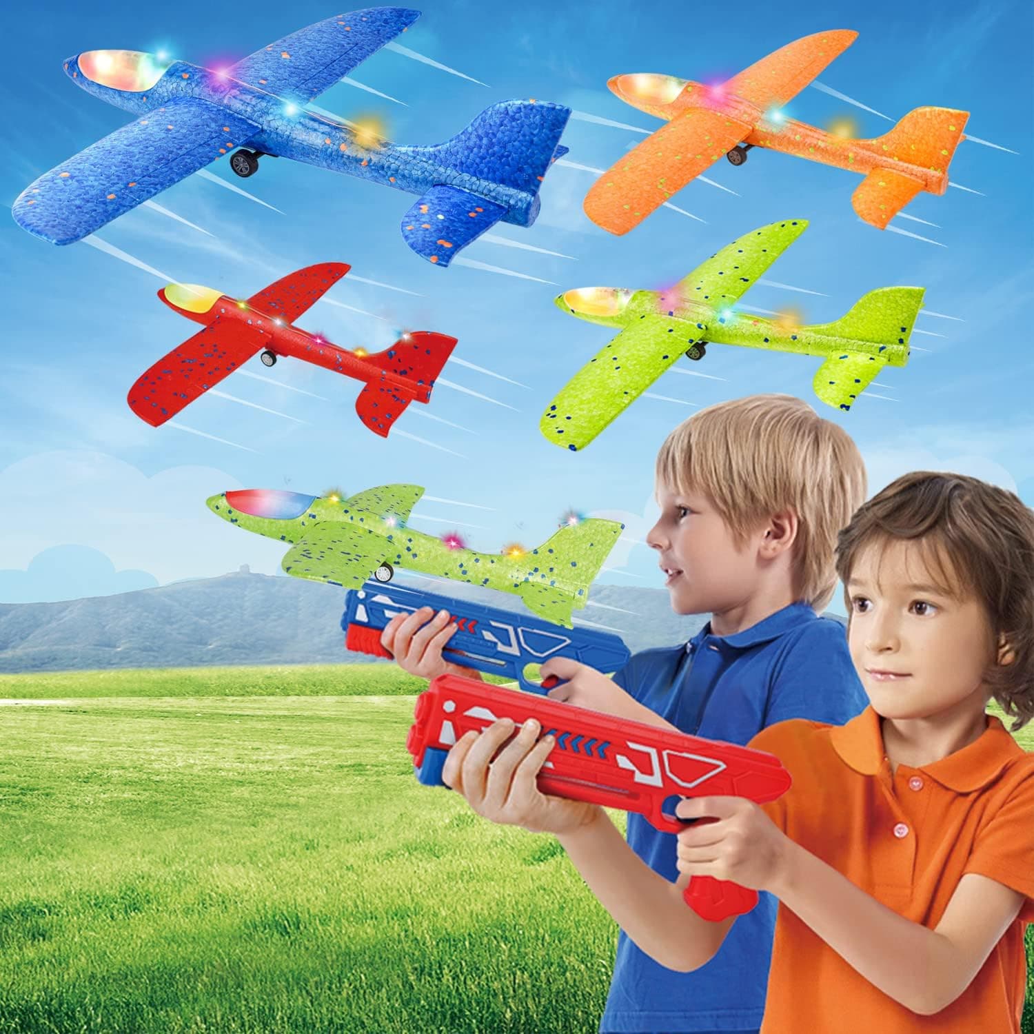 LERJIAUS 4 Pack Airplane Toys with 2 Launchers, 12.6" LED Foam Glider Boy Toys, 2 Flight Modes Catapult Plane, Birthday Gifts Kids Toys for 4 5 6 7 8 9 10 11 12 Year Old Boys