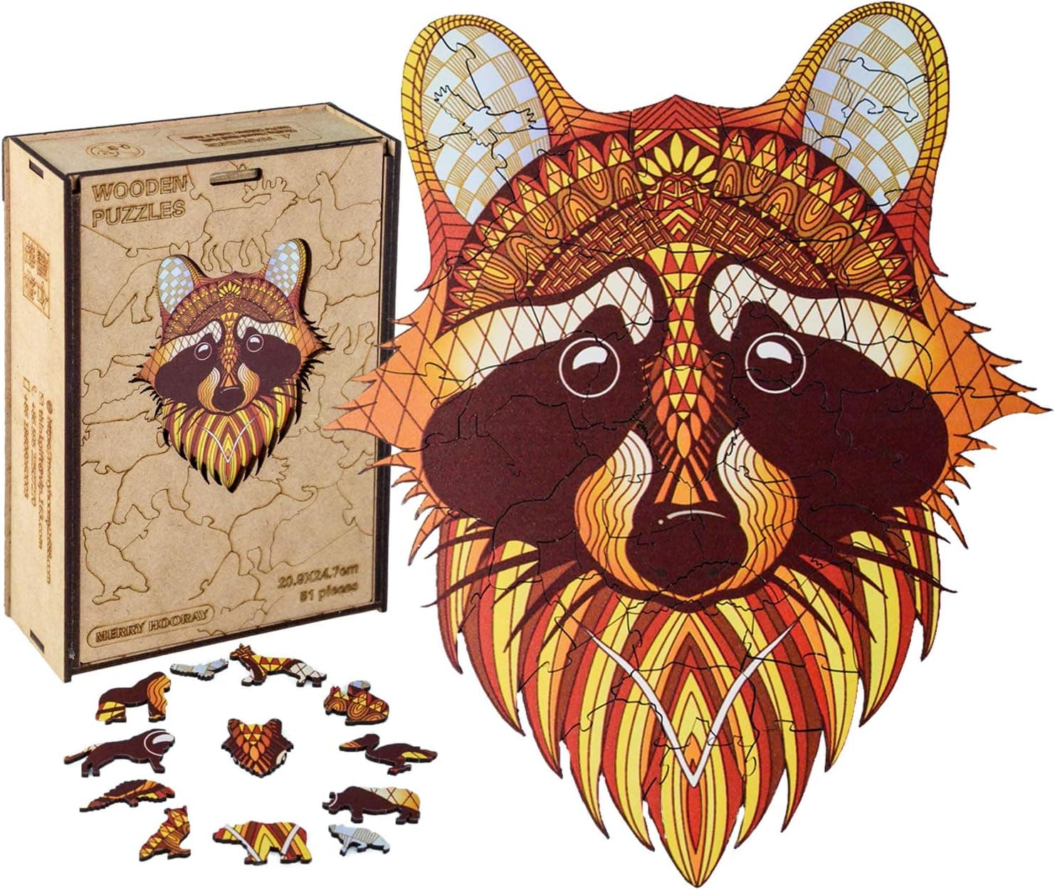 Wooden Jigsaw Puzzles – Decorative Raccoon Small Size Puzzle 51 Unique Shape Pieces-Beautiful Animal Puzzles for Adults and 14 Years Age up Teens- Best for Family Game Play Collection