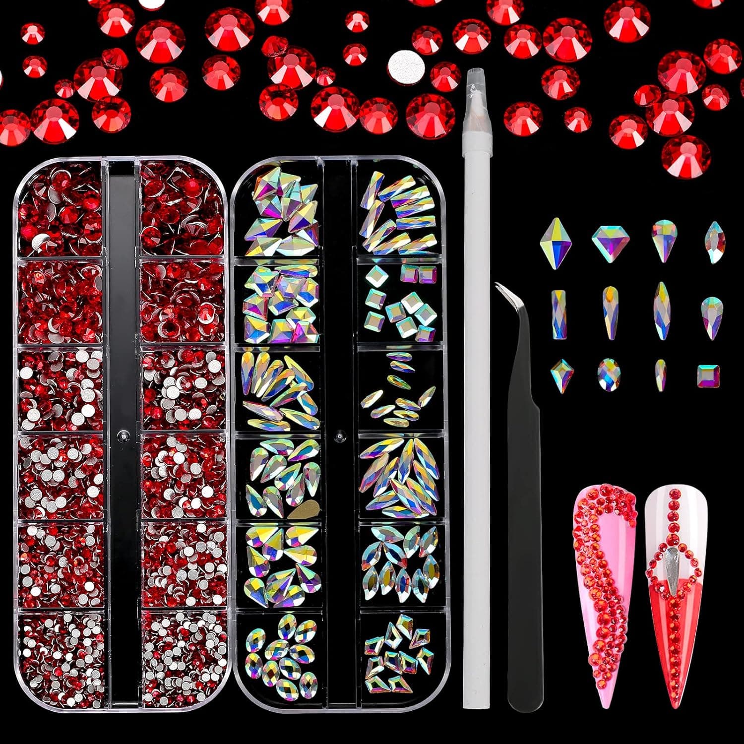 AARDWO 2568 Pcs Rhinestones Nail Gems Face Gems Makeup Gems Red Rhinestones Set Multi Shapes Crystal for Nails Shoes Clothes Bags Crafts Decoration with Picker Pencil and Tweezers